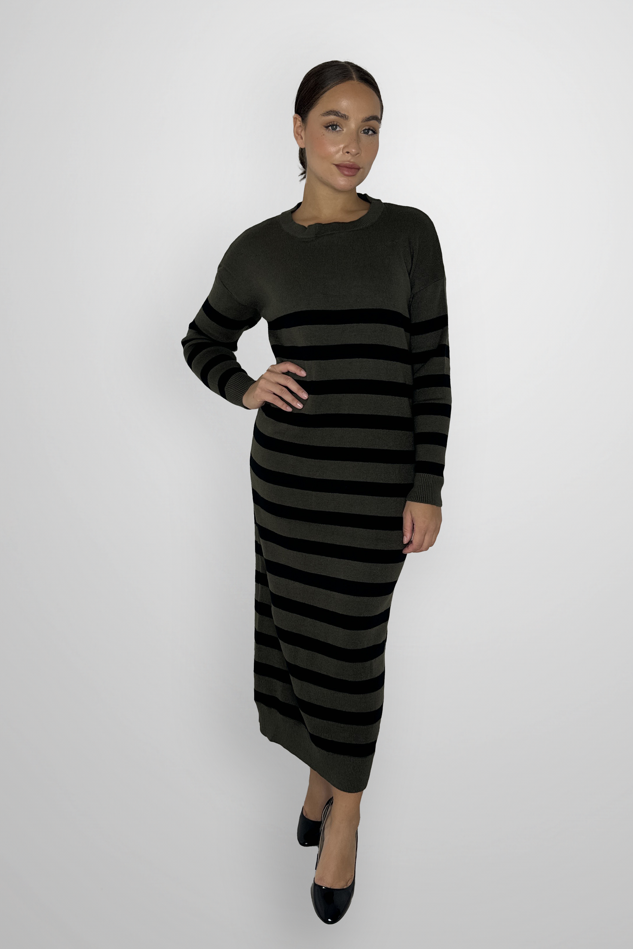 Crew Neck Striped Long Knitted Dress-SinglePrice