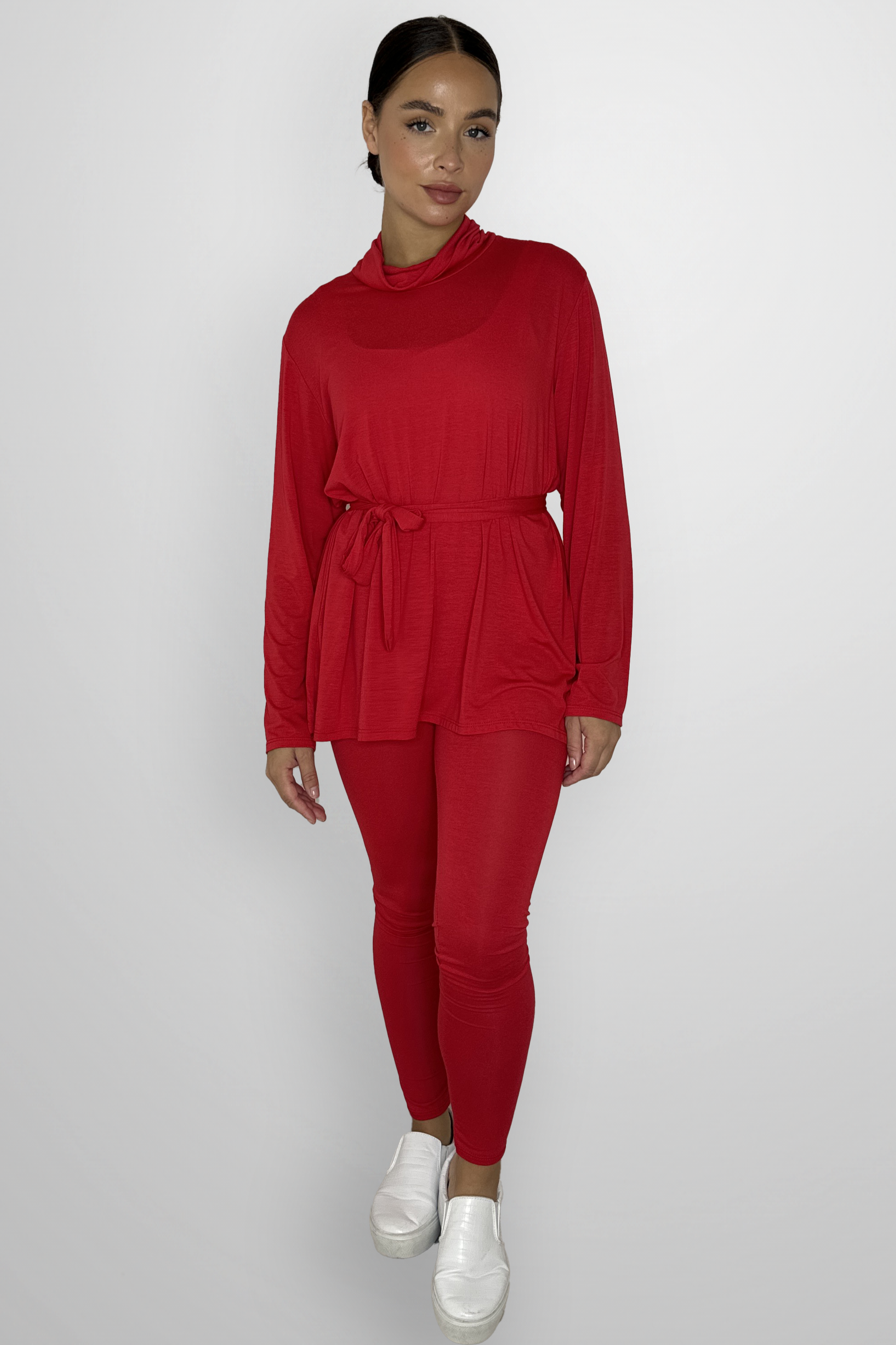 Viscose Blend Belted Tunic And Trousers 2-Piece Loungewear Set