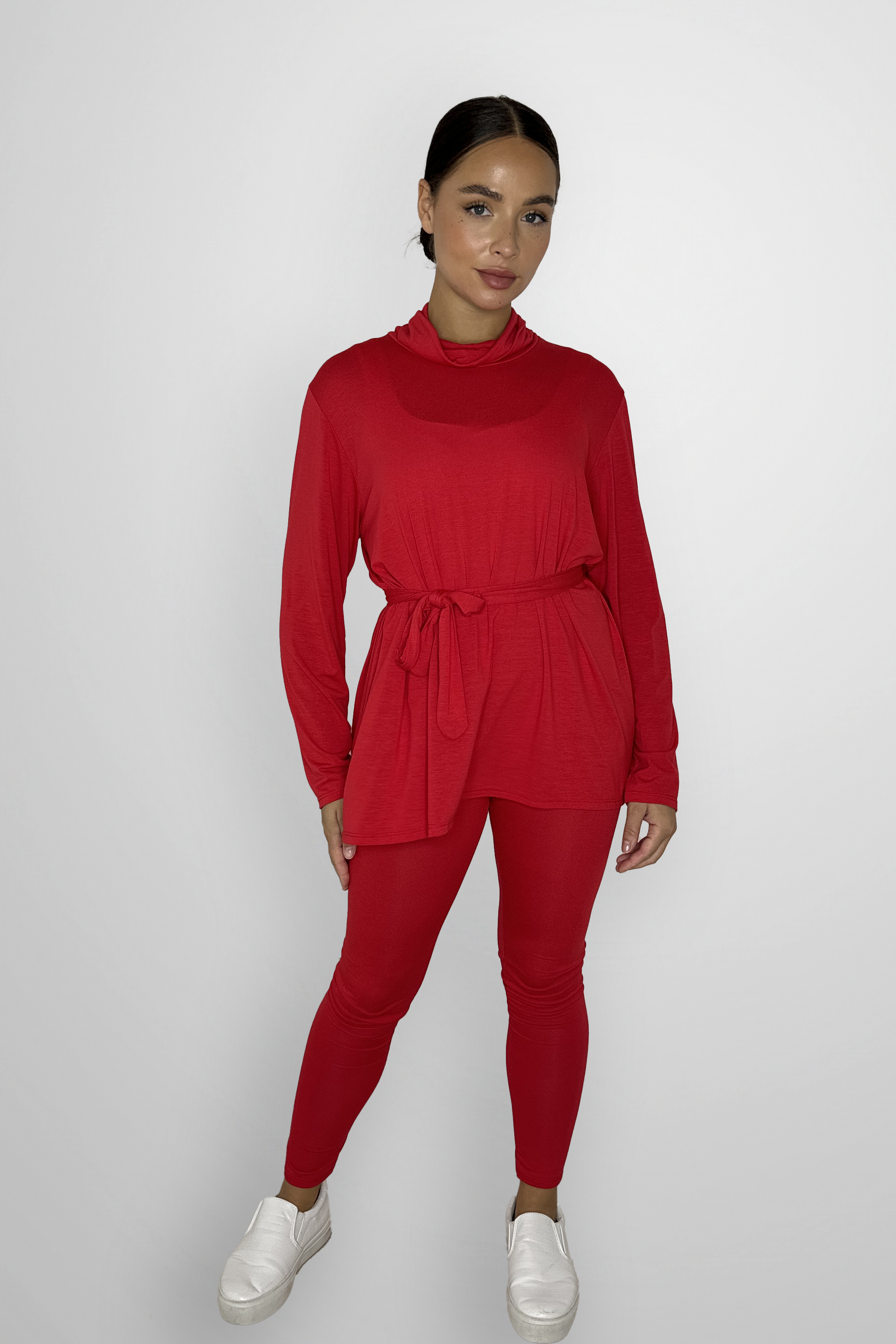 Viscose Blend Belted Tunic And Trousers 2-Piece Loungewear Set