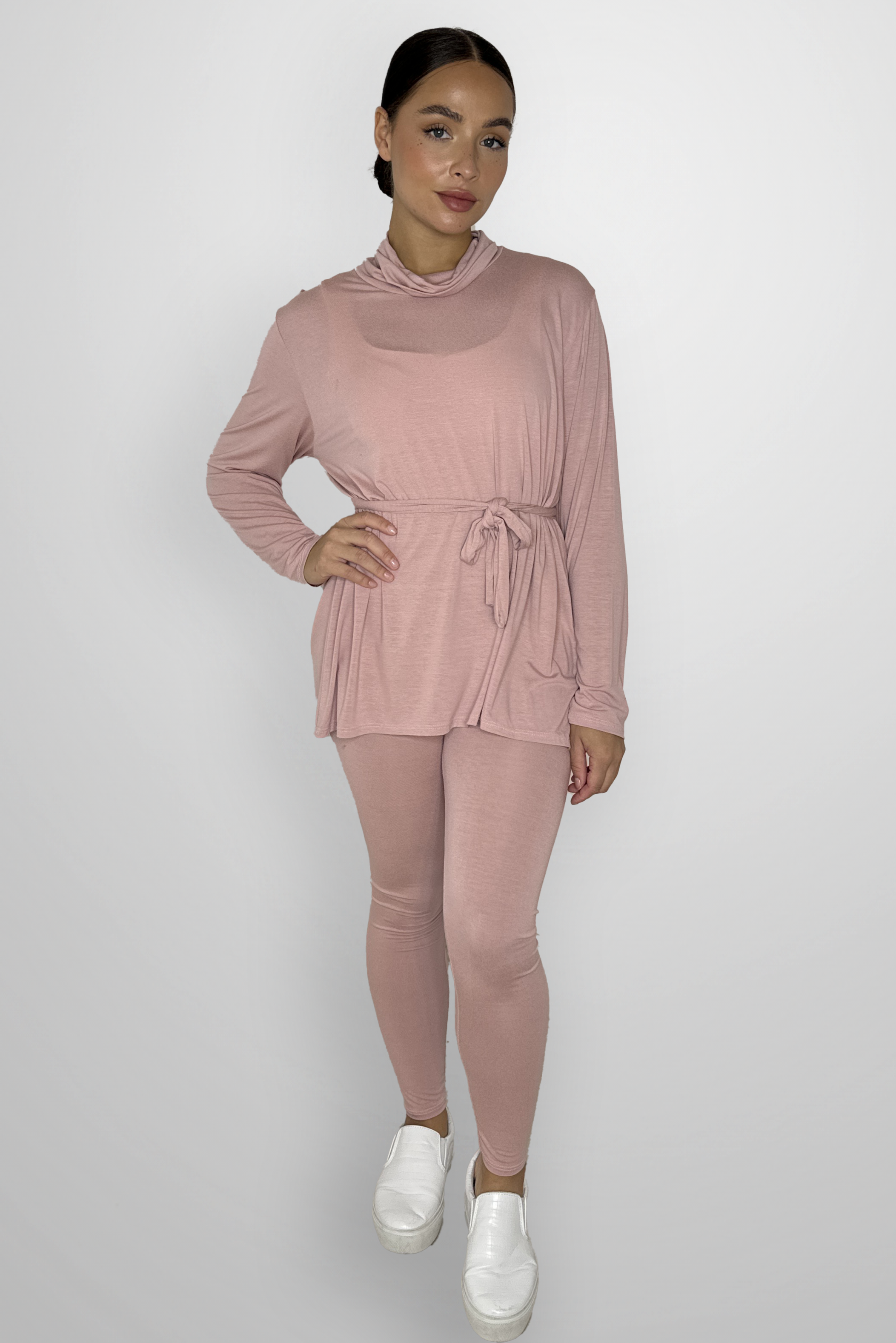 Viscose Blend Belted Tunic And Trousers 2-Piece Loungewear Set