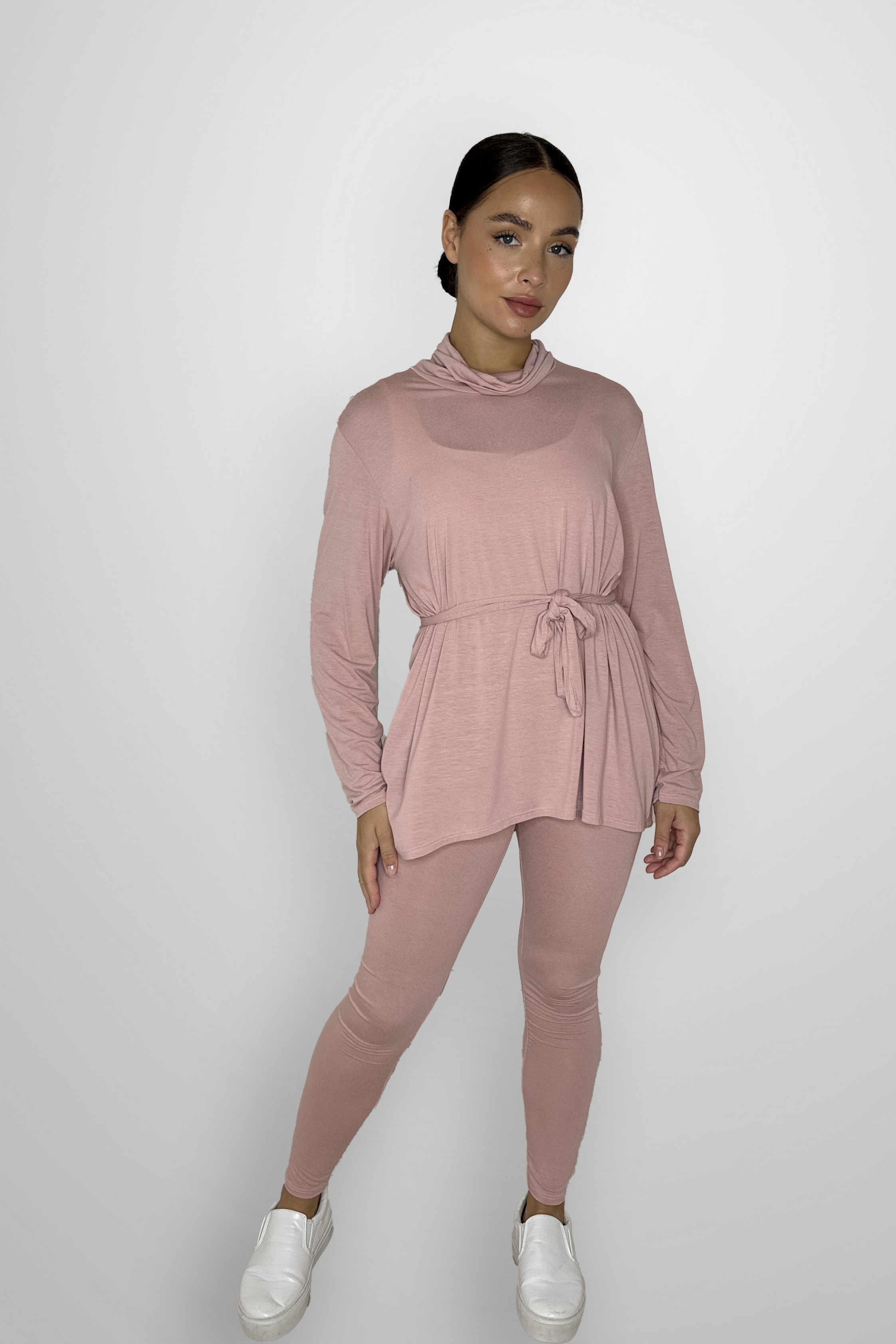 Viscose Blend Belted Tunic And Trousers 2-Piece Loungewear Set