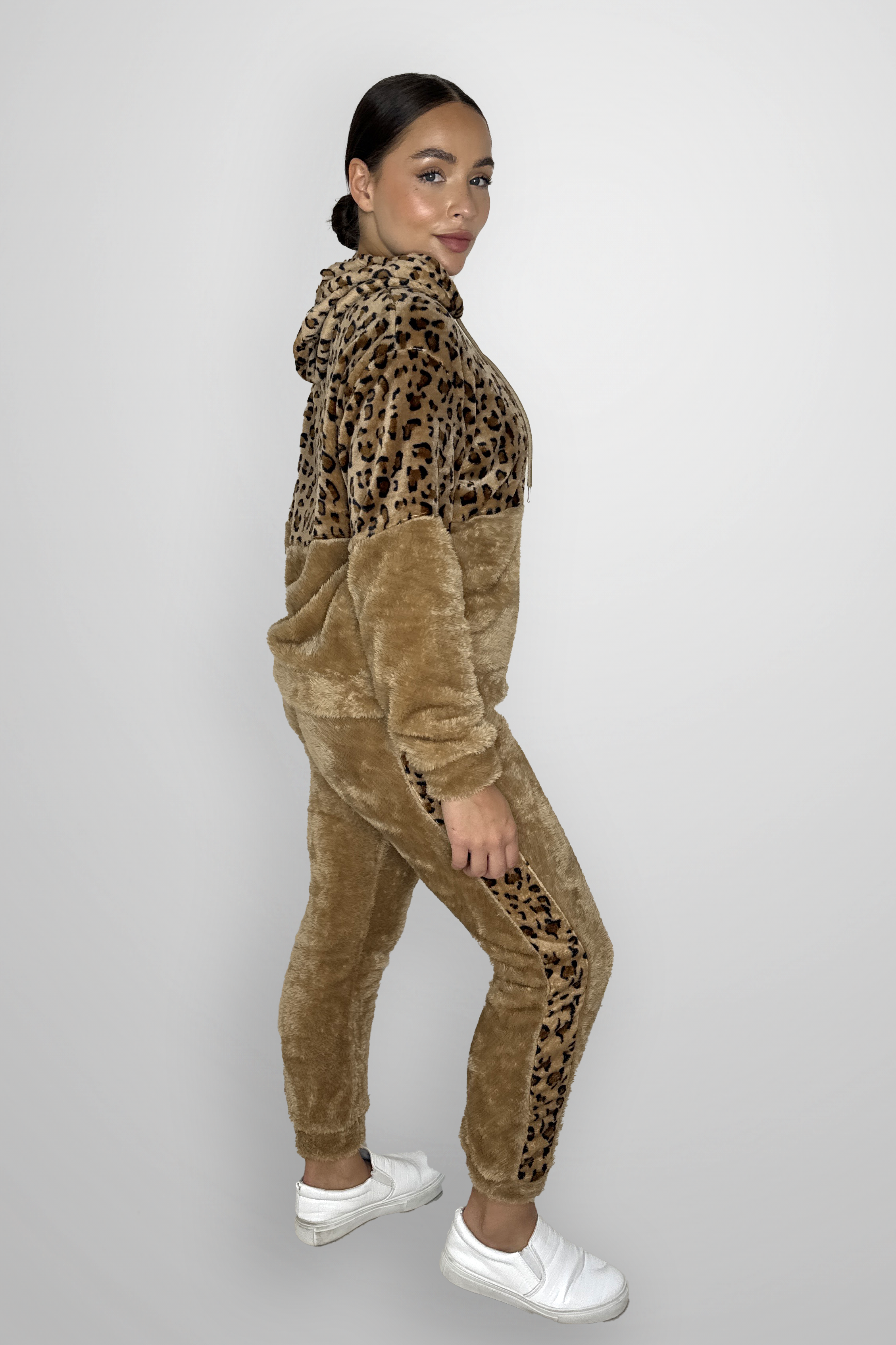 Fleeced Colour Block Leopard Print Loungewear Set