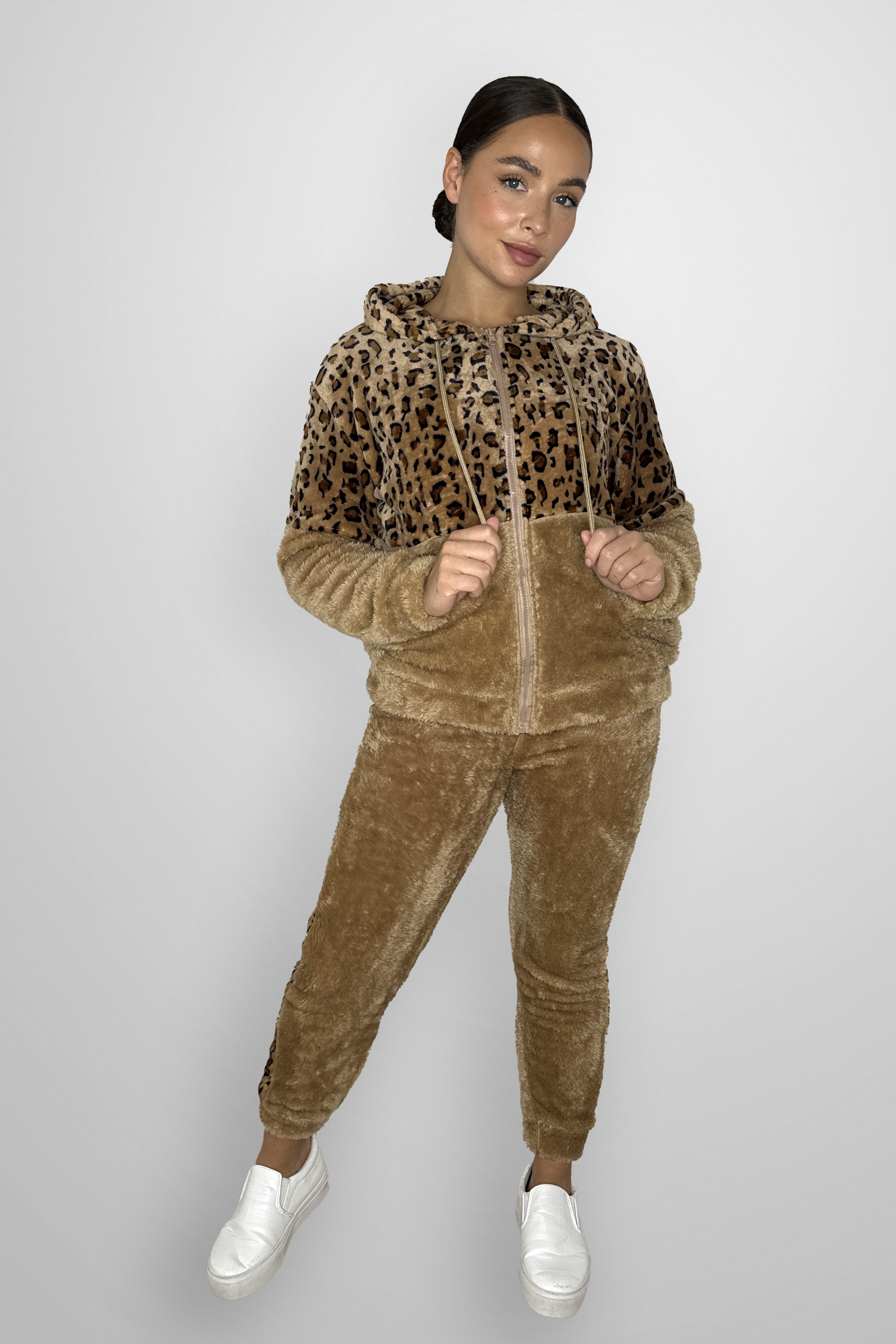 Fleeced Colour Block Leopard Print Loungewear Set