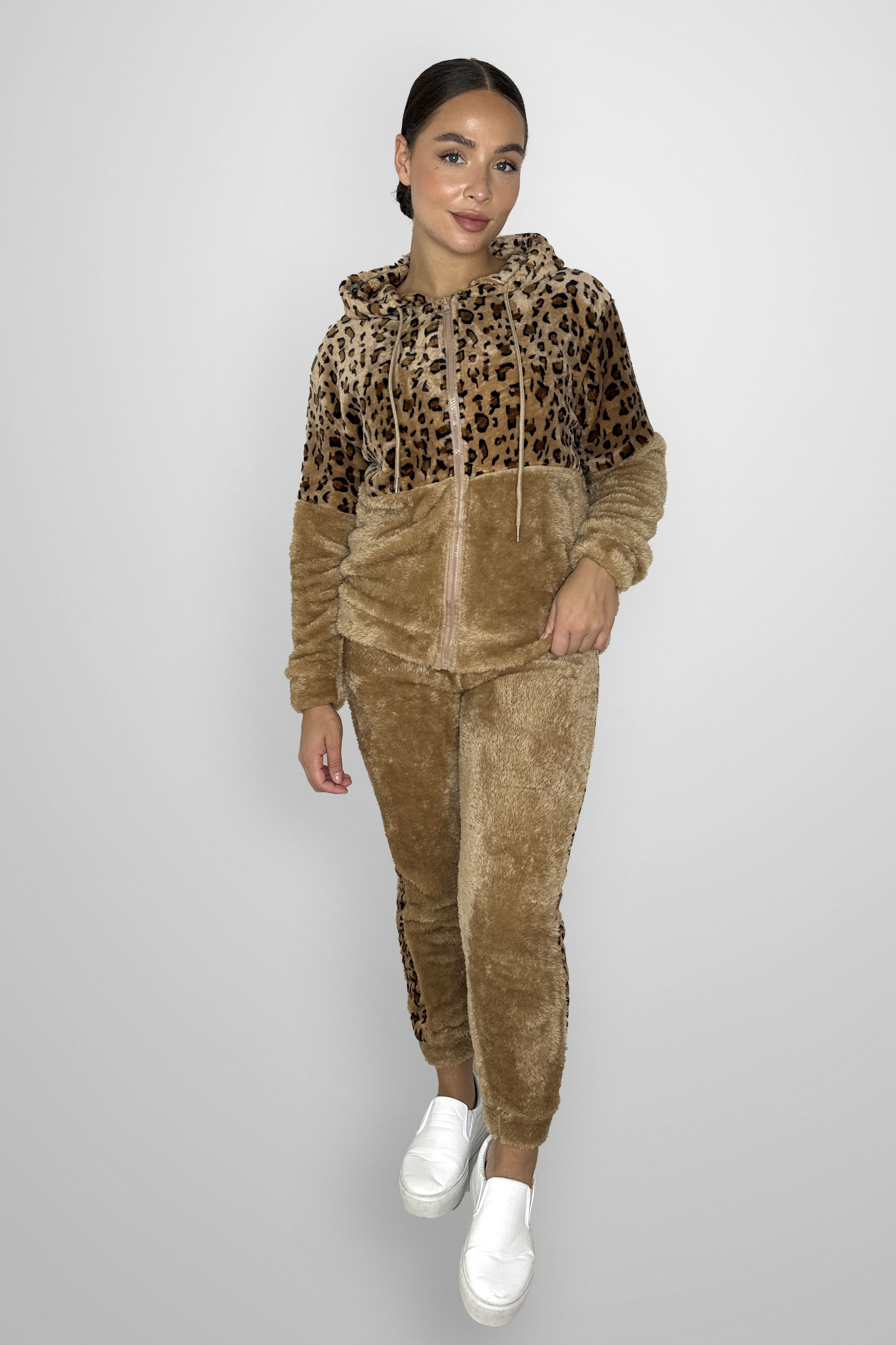 Fleeced Colour Block Leopard Print Loungewear Set