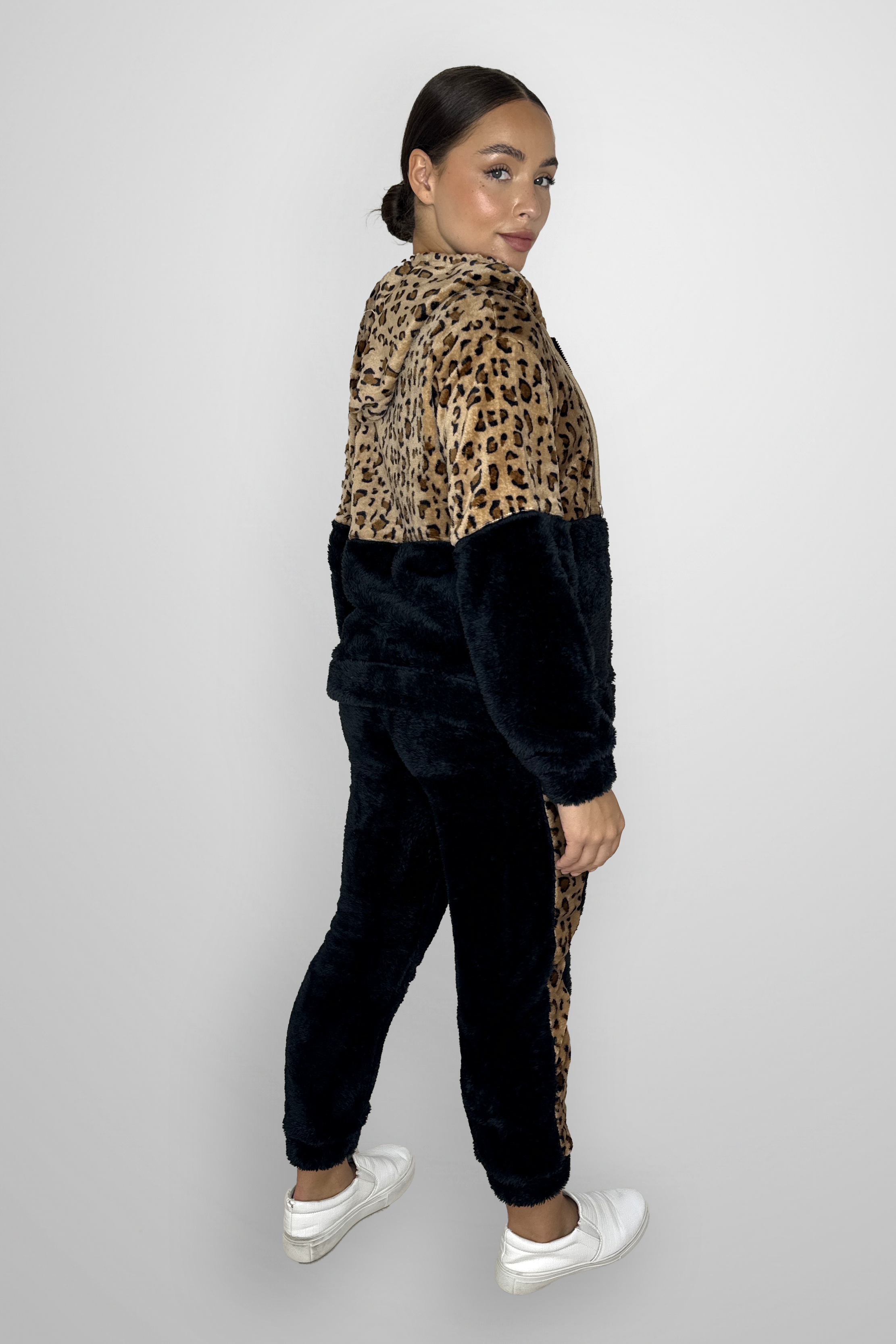 Fleeced Colour Block Leopard Print Loungewear Set