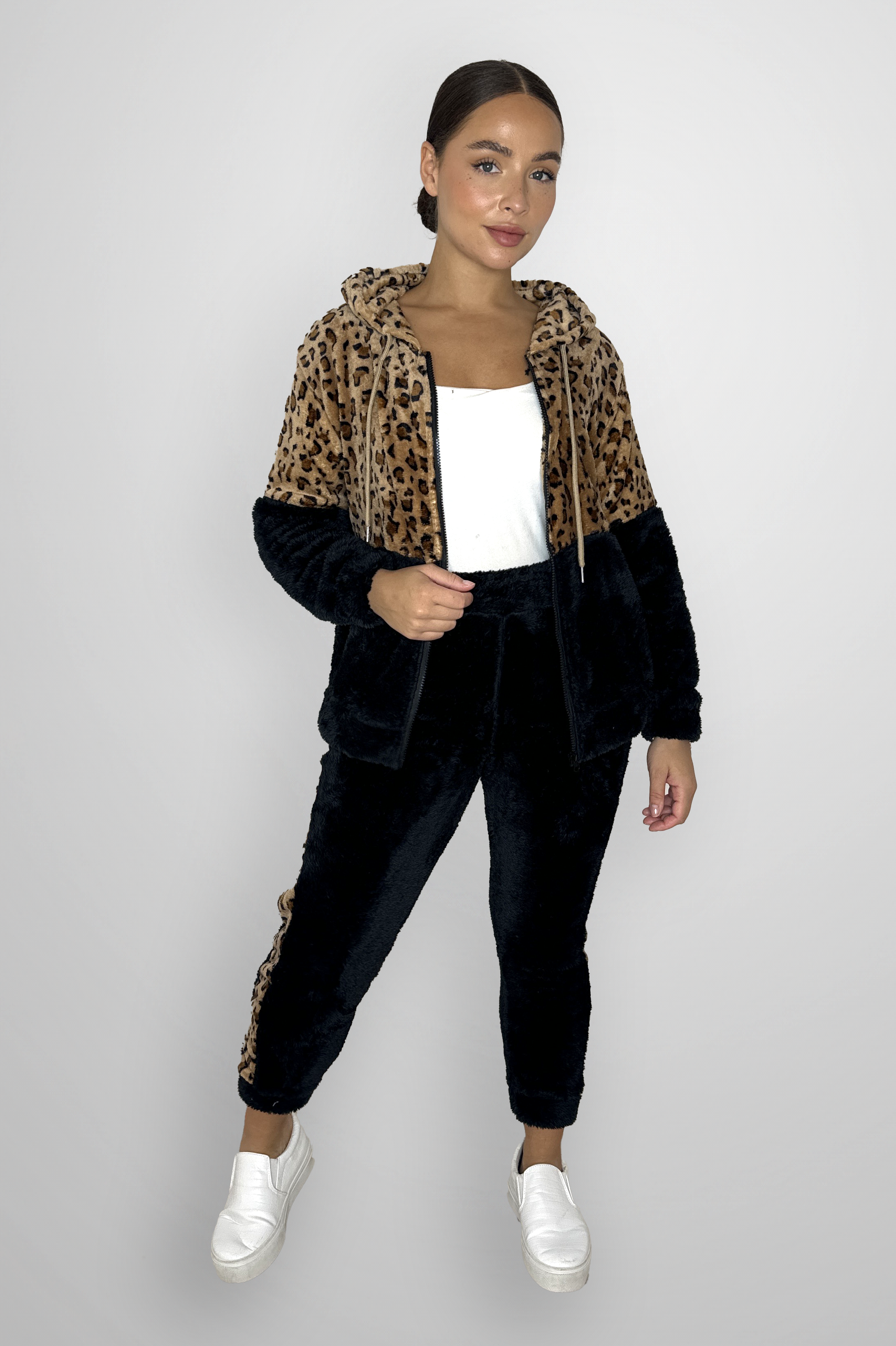 Fleeced Colour Block Leopard Print Loungewear Set