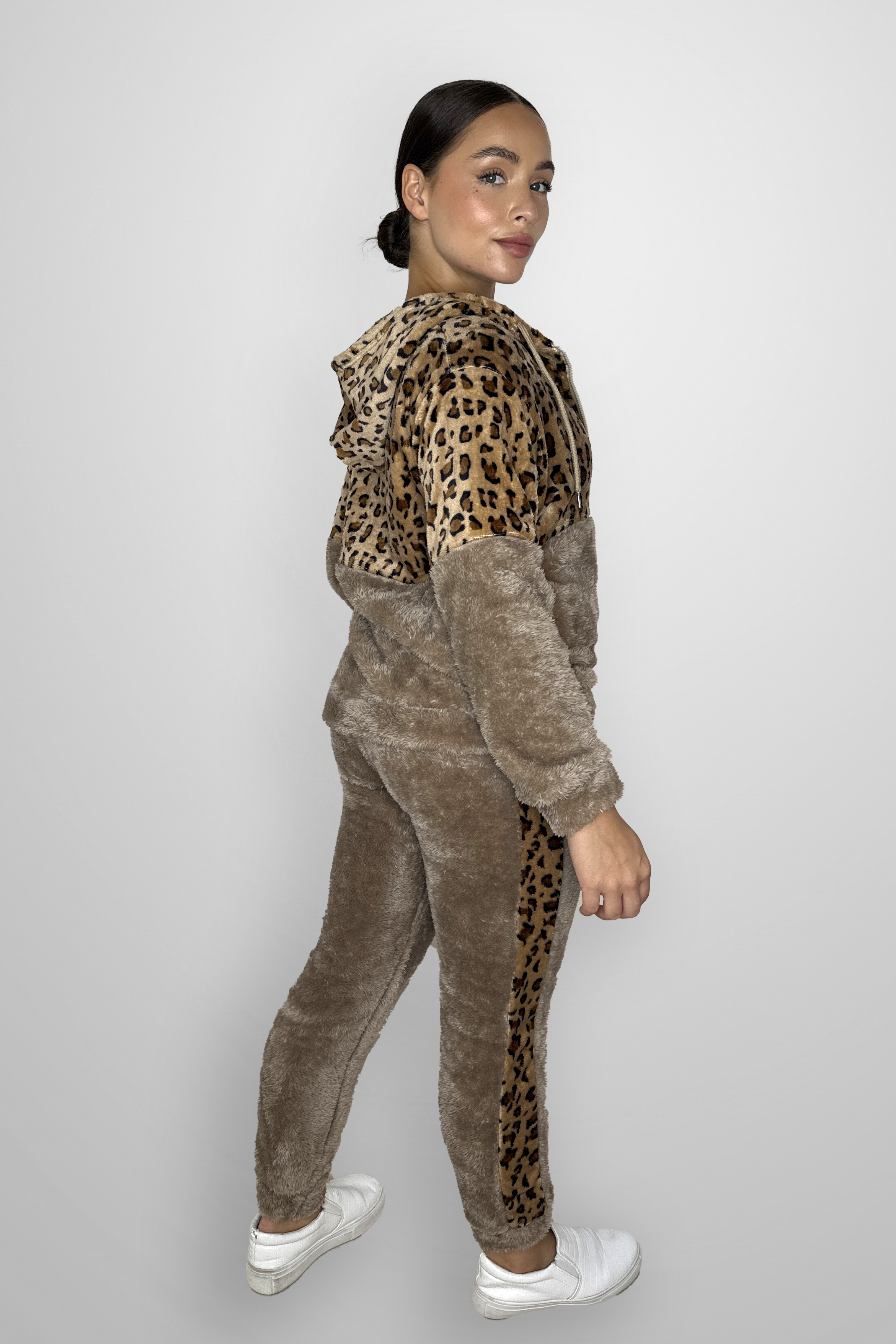 Fleeced Colour Block Leopard Print Loungewear Set