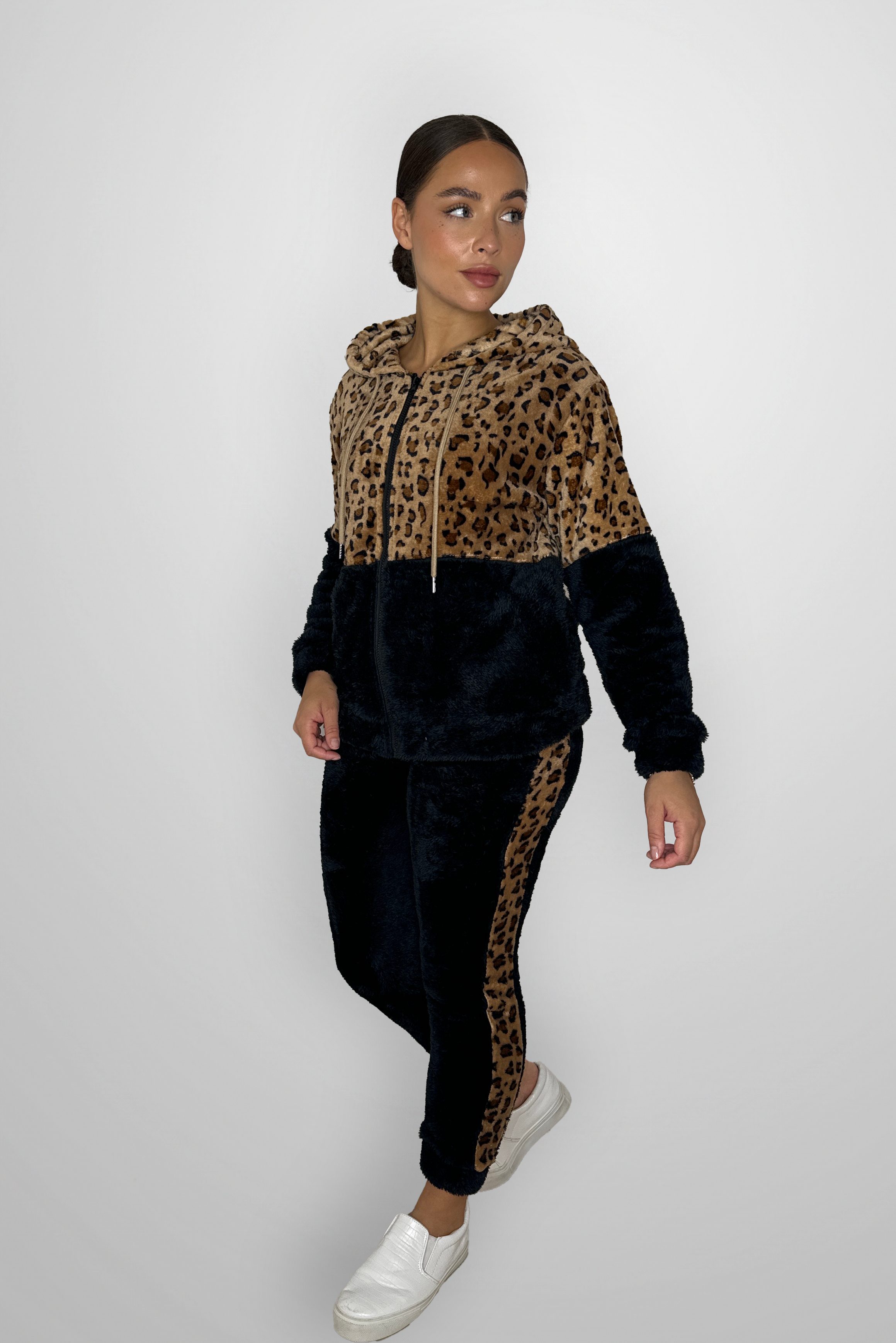 Fleeced Colour Block Leopard Print Loungewear Set