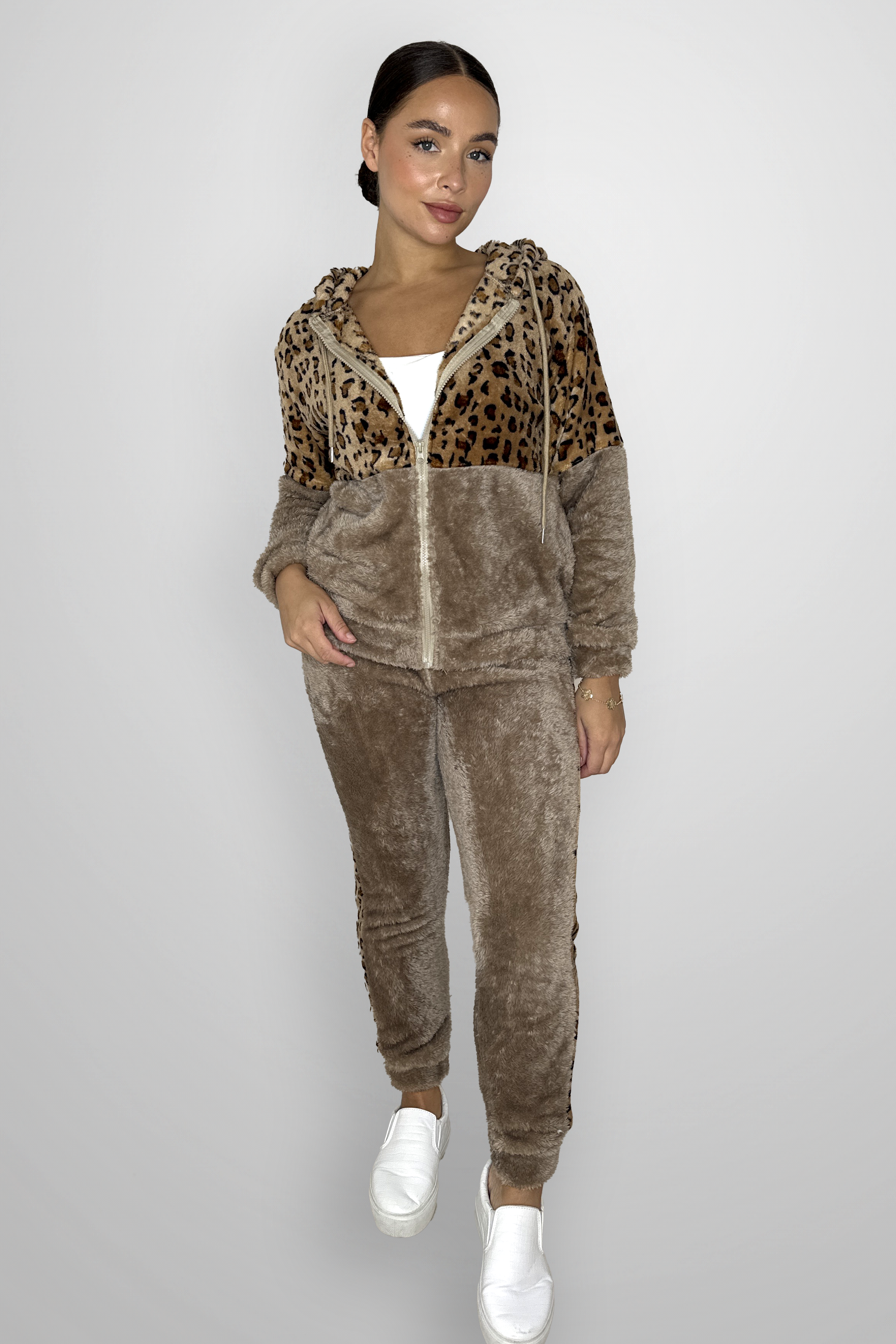 Fleeced Colour Block Leopard Print Loungewear Set