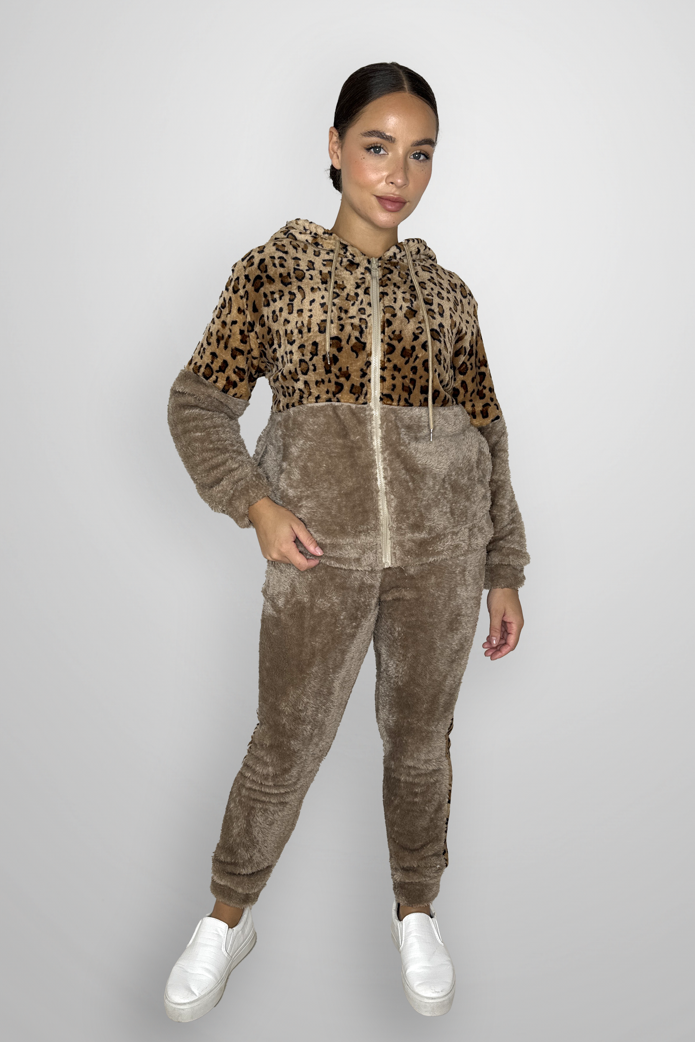 Fleeced Colour Block Leopard Print Loungewear Set