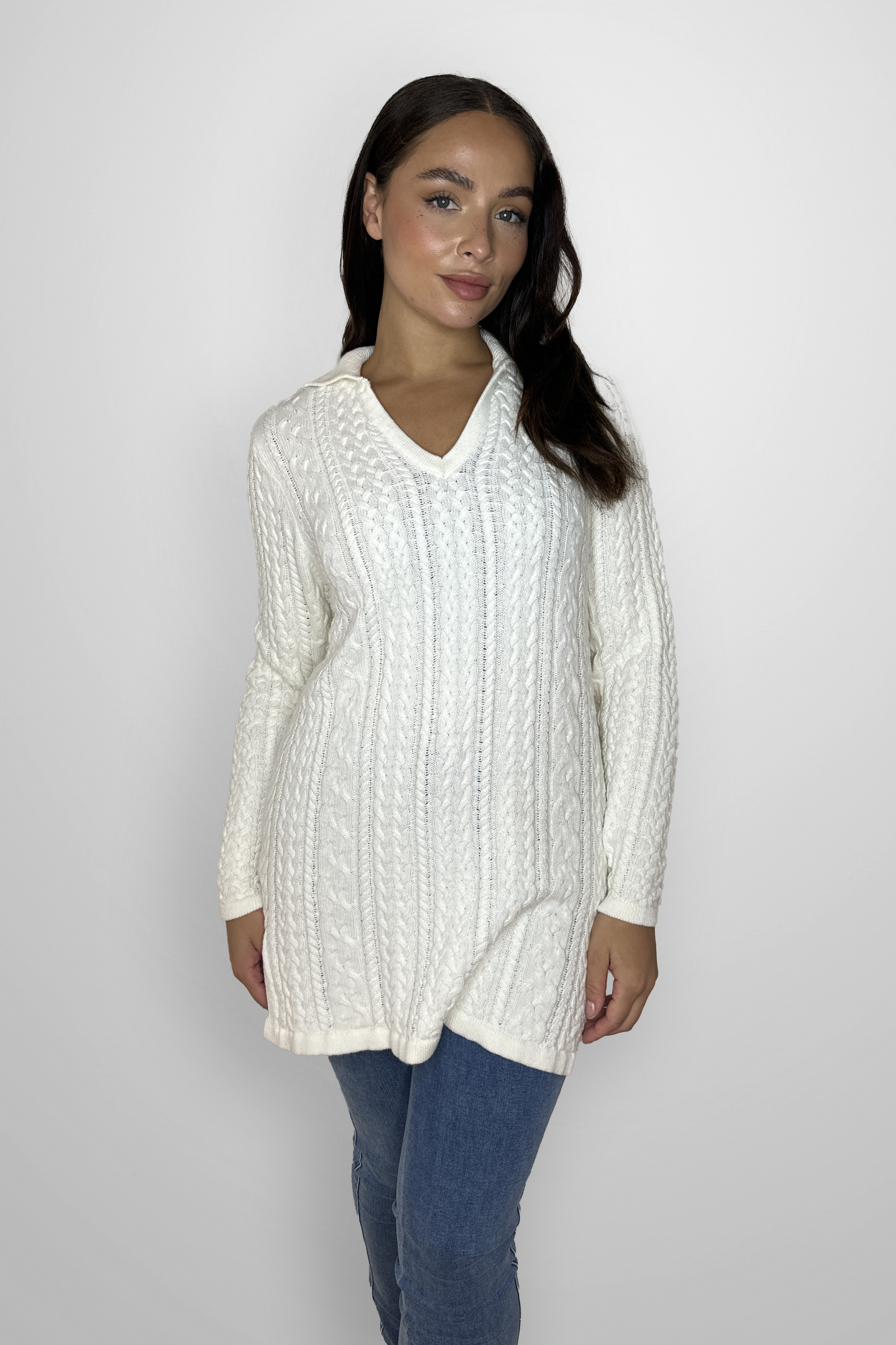 Elegant High Neck Cable Knit Side Slit Long Cotton Pullover-SinglePrice