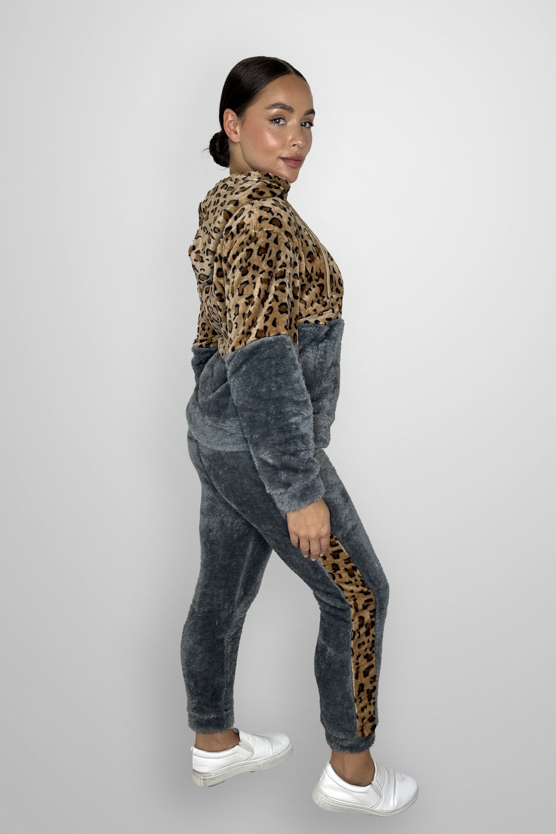 Fleeced Colour Block Leopard Print Loungewear Set