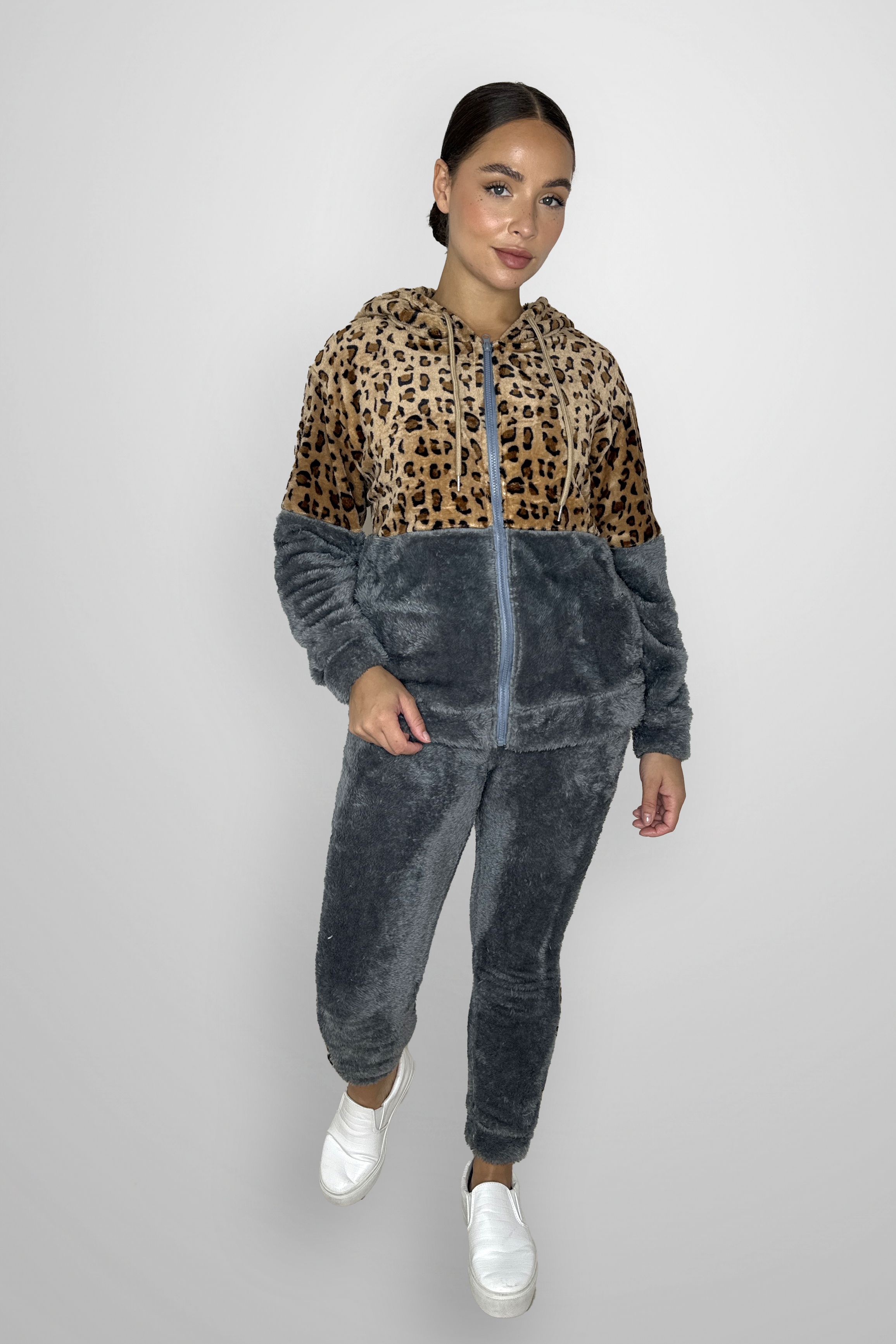 Fleeced Colour Block Leopard Print Loungewear Set