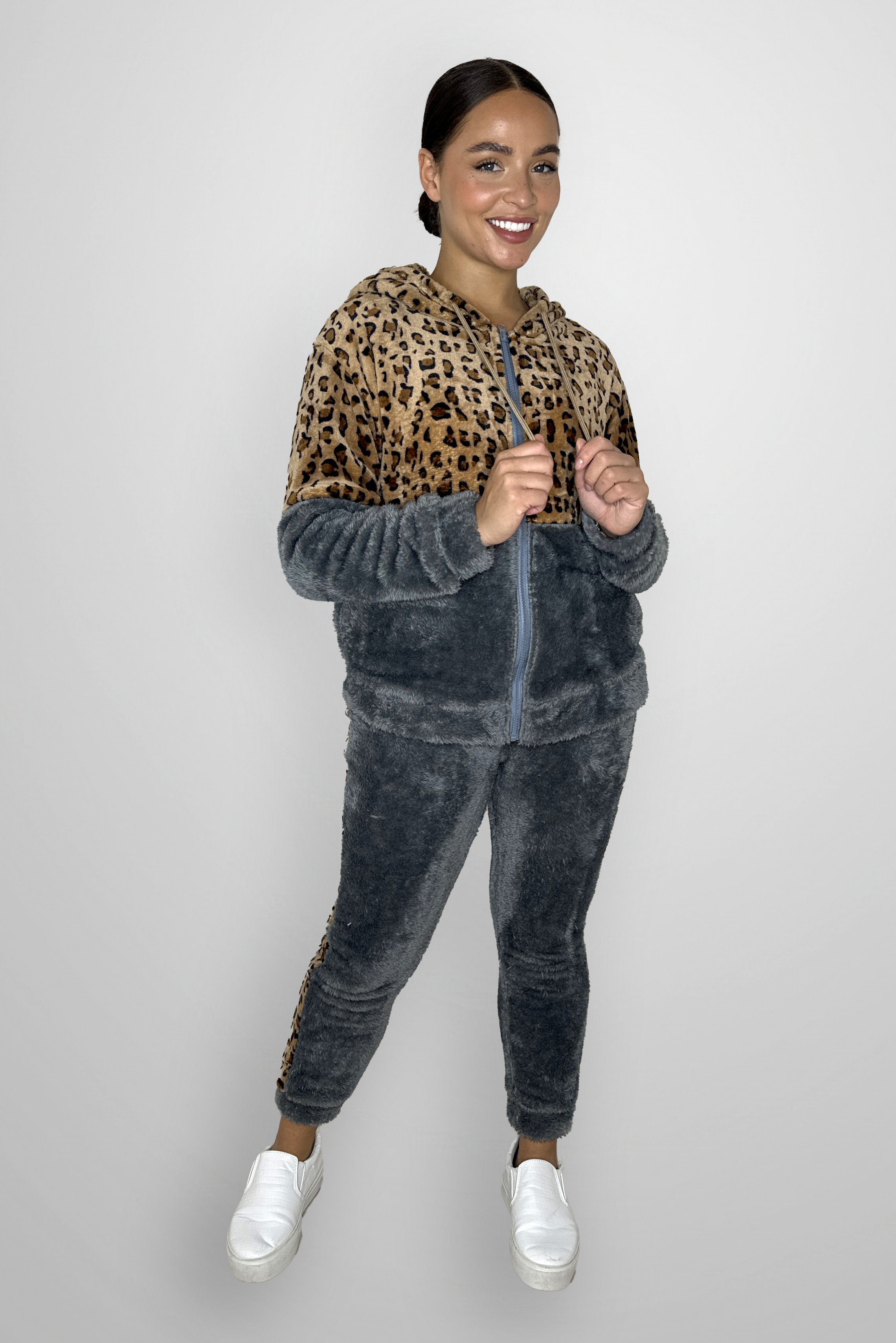 Fleeced Colour Block Leopard Print Loungewear Set