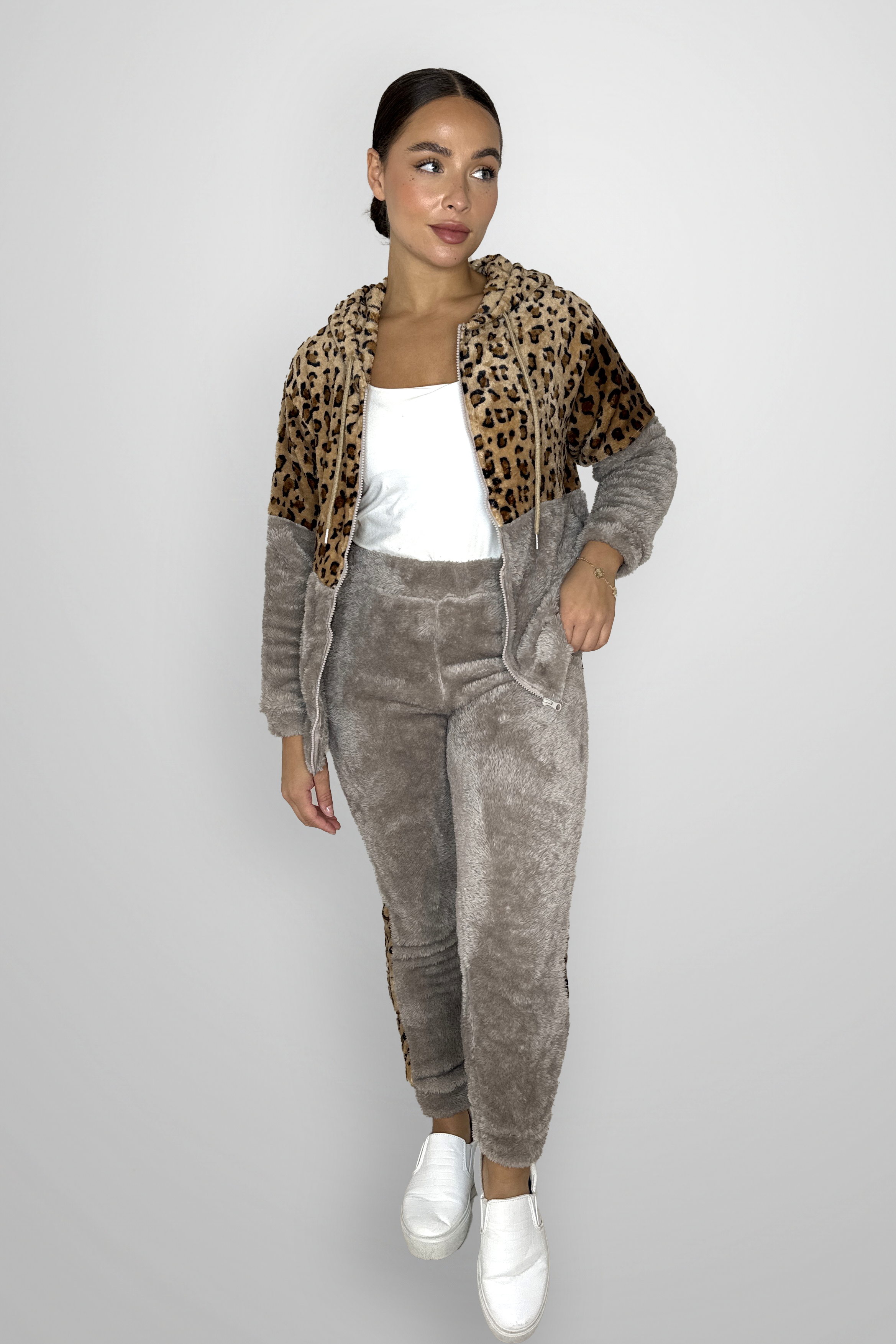 Fleeced Colour Block Leopard Print Loungewear Set