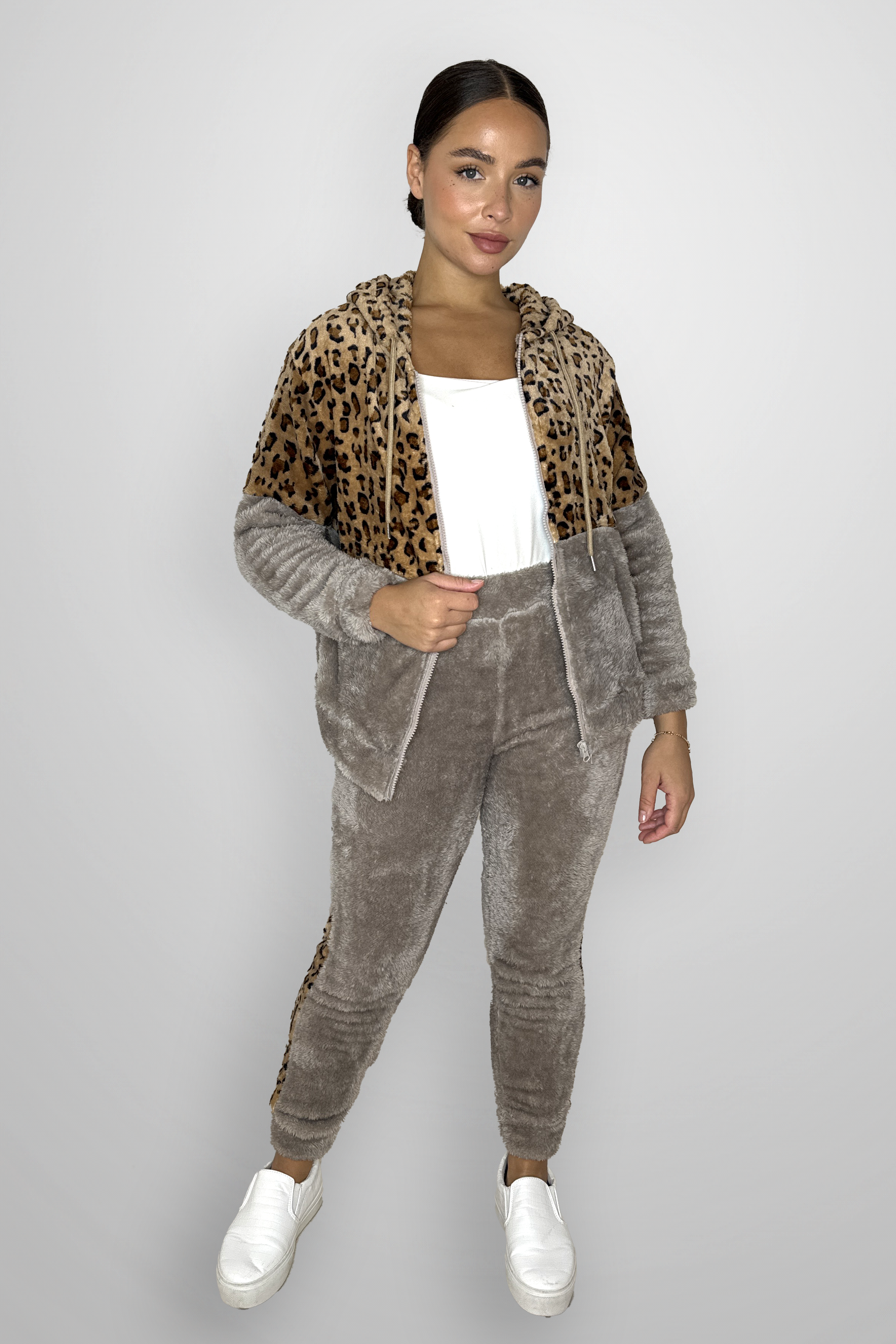 Fleeced Colour Block Leopard Print Loungewear Set