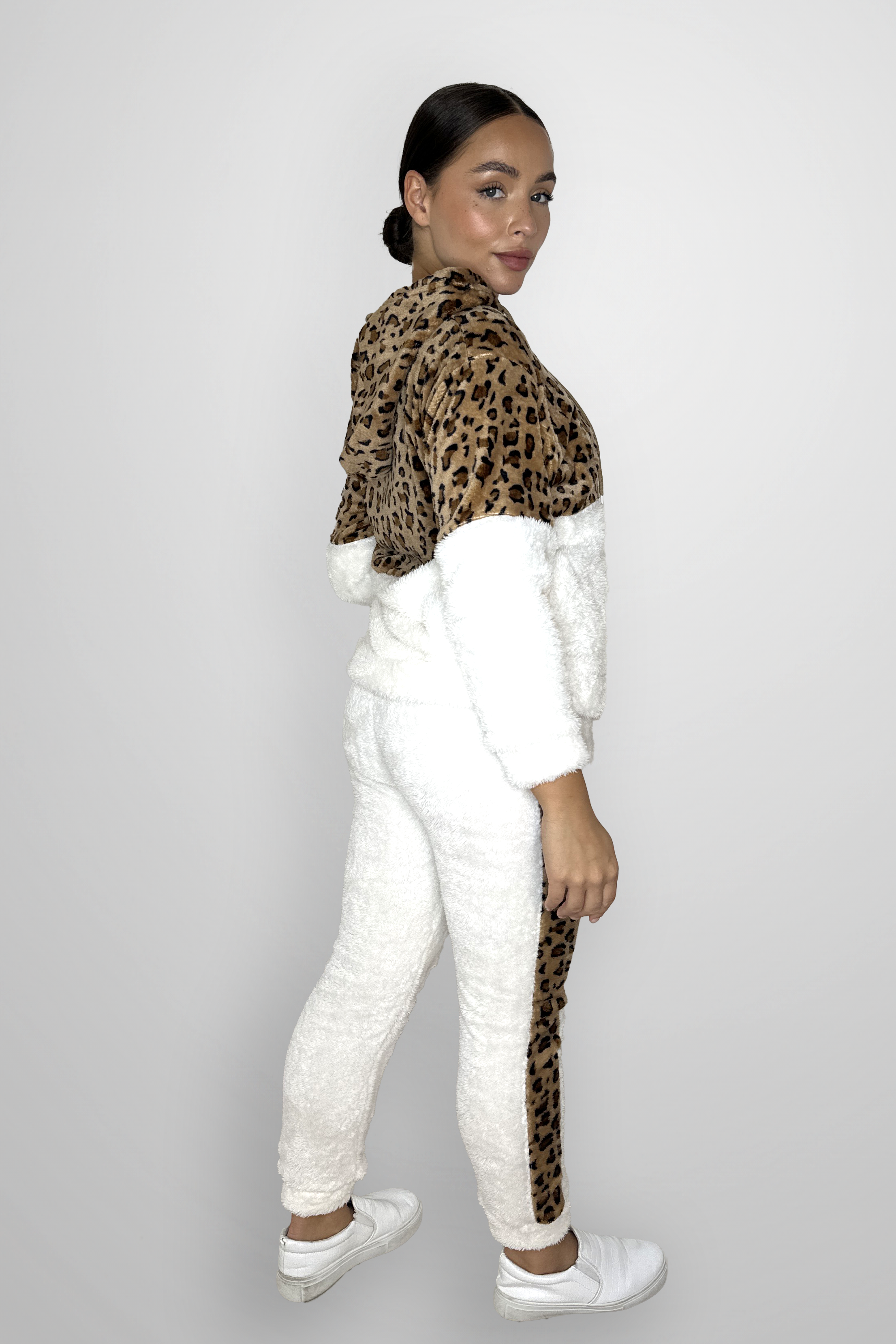 Fleeced Colour Block Leopard Print Loungewear Set