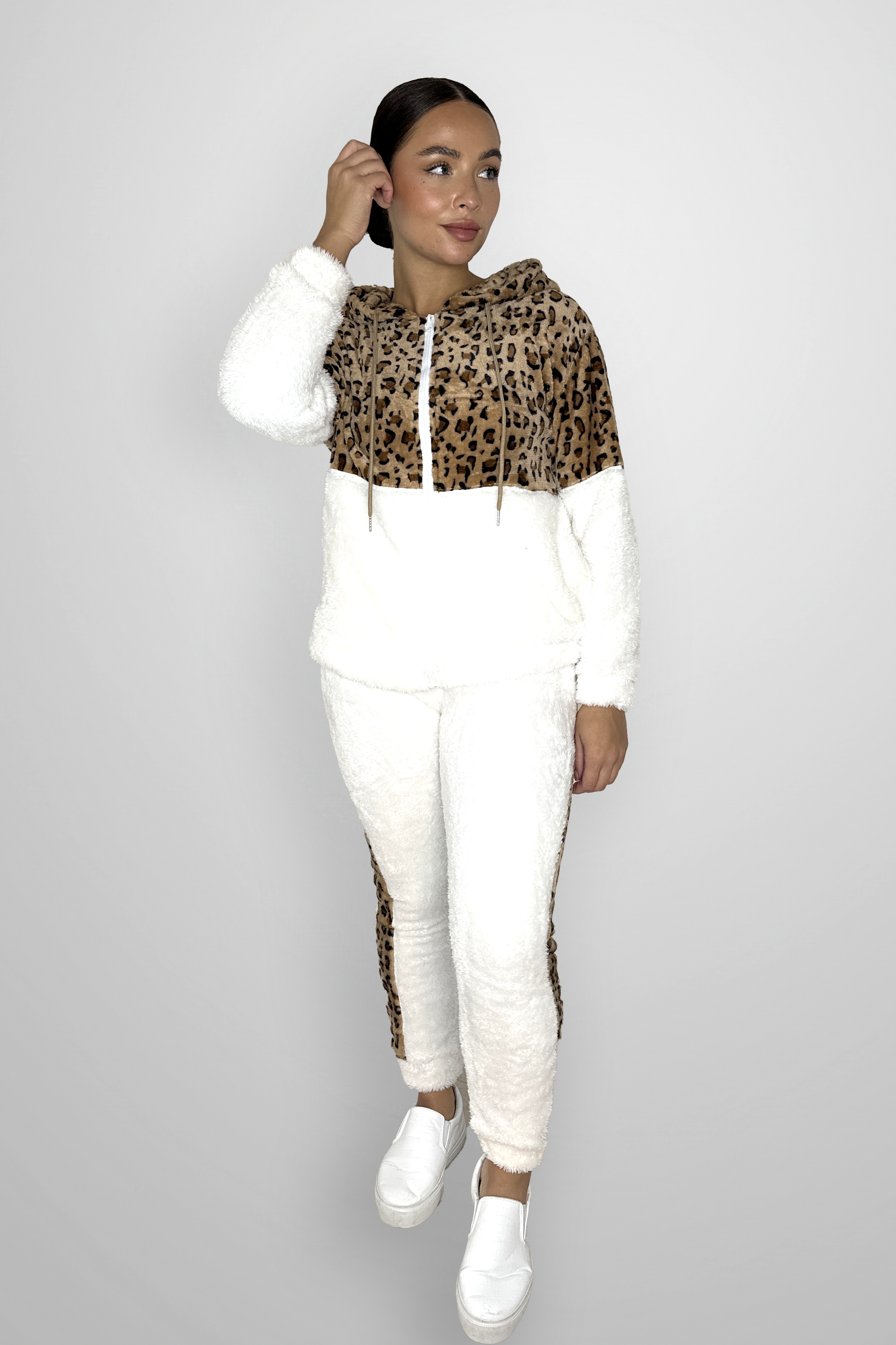 Fleeced Colour Block Leopard Print Loungewear Set