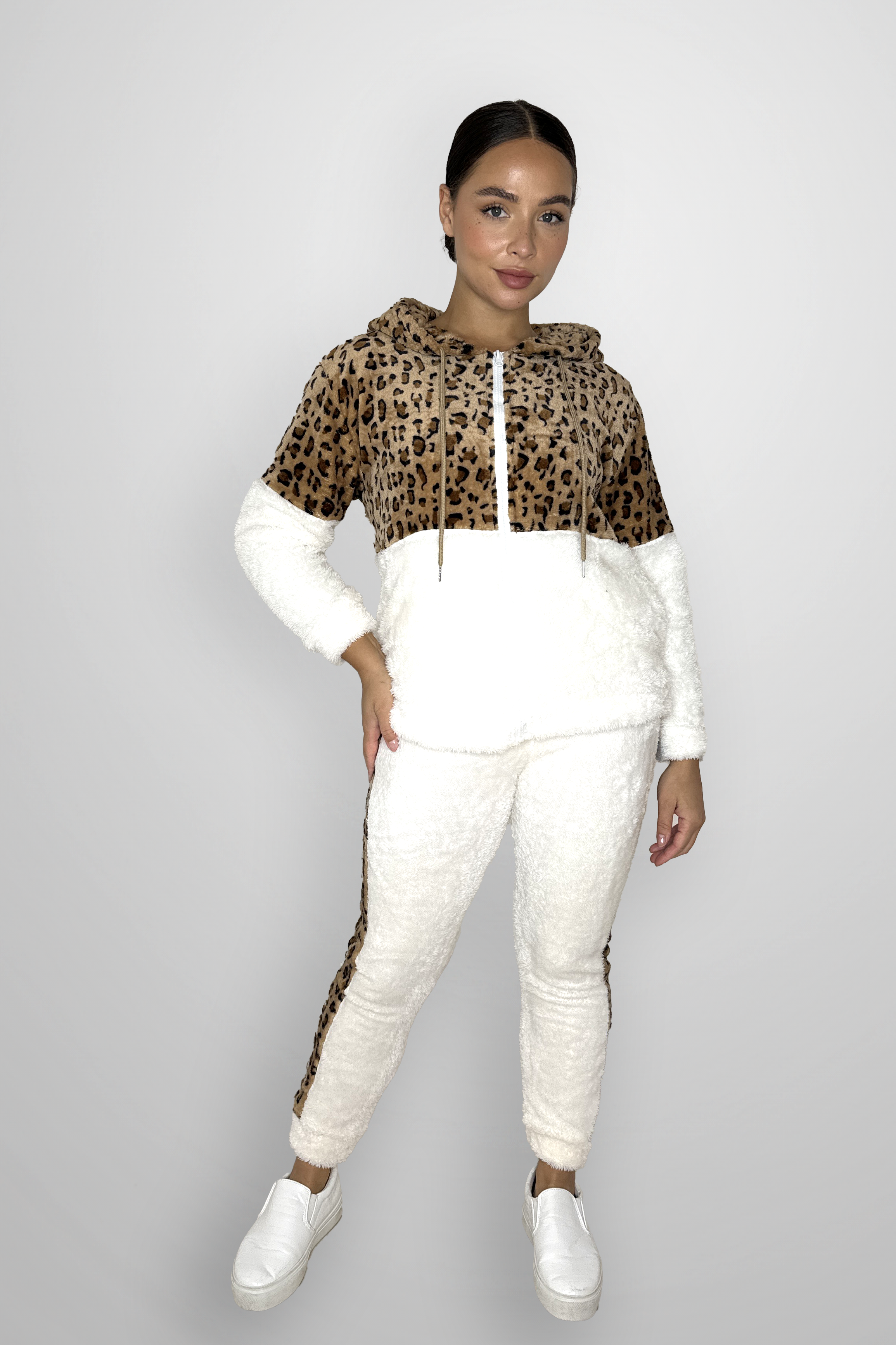 Fleeced Colour Block Leopard Print Loungewear Set