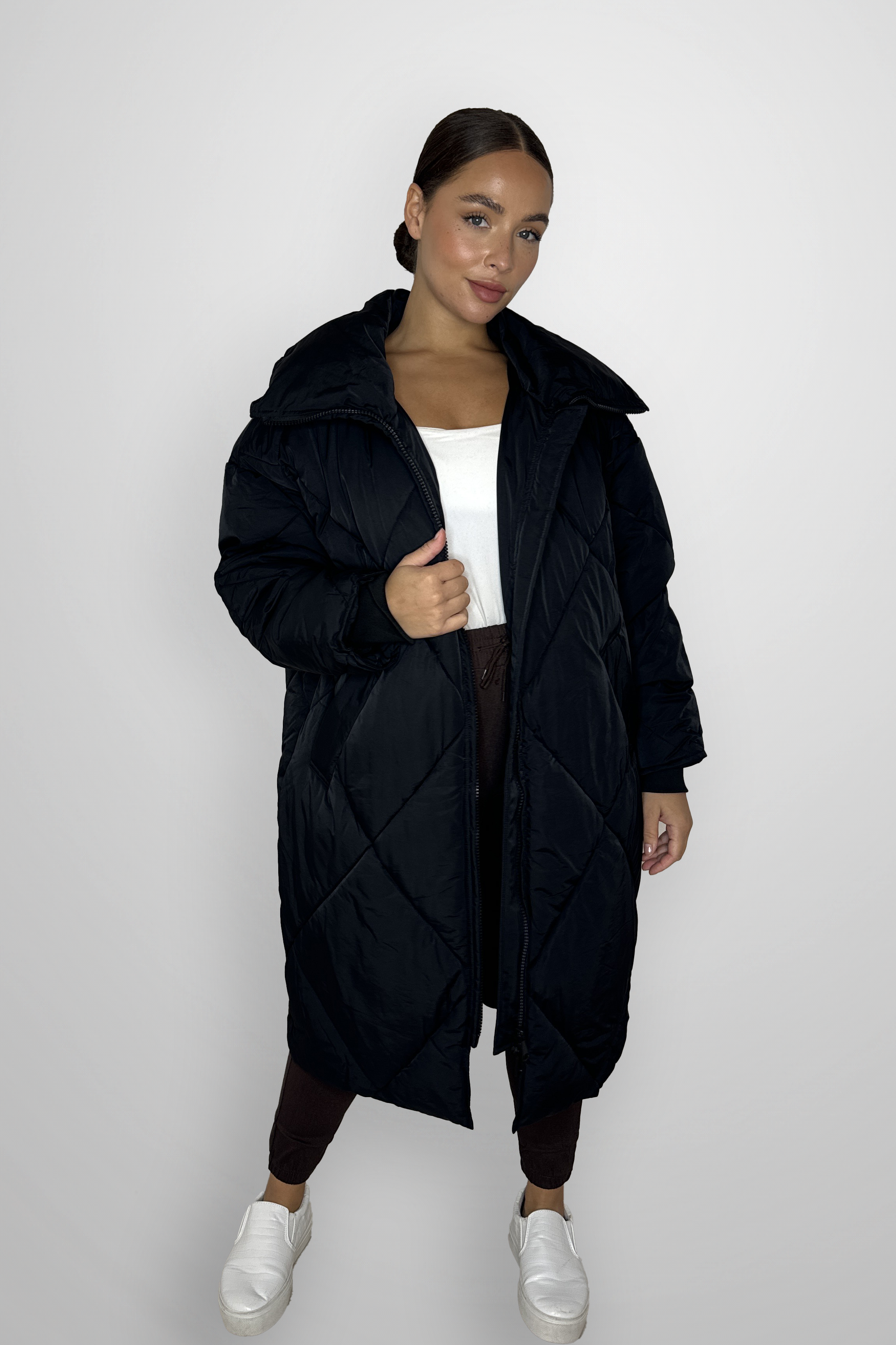 Quilted High Neck Relaxed Fit Midi Lightweight Puffer Jacket