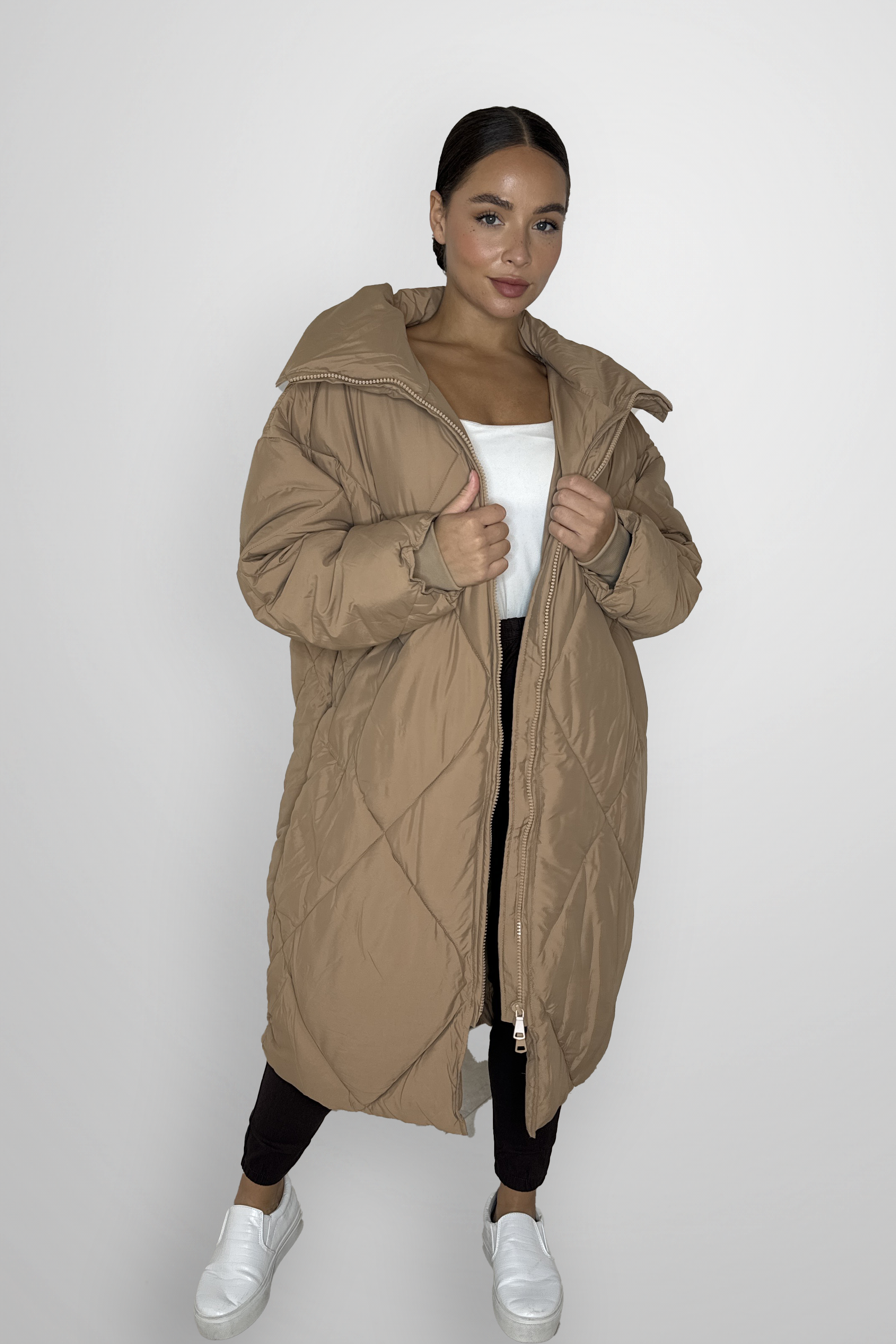 Quilted High Neck Relaxed Fit Midi Lightweight Puffer Jacket