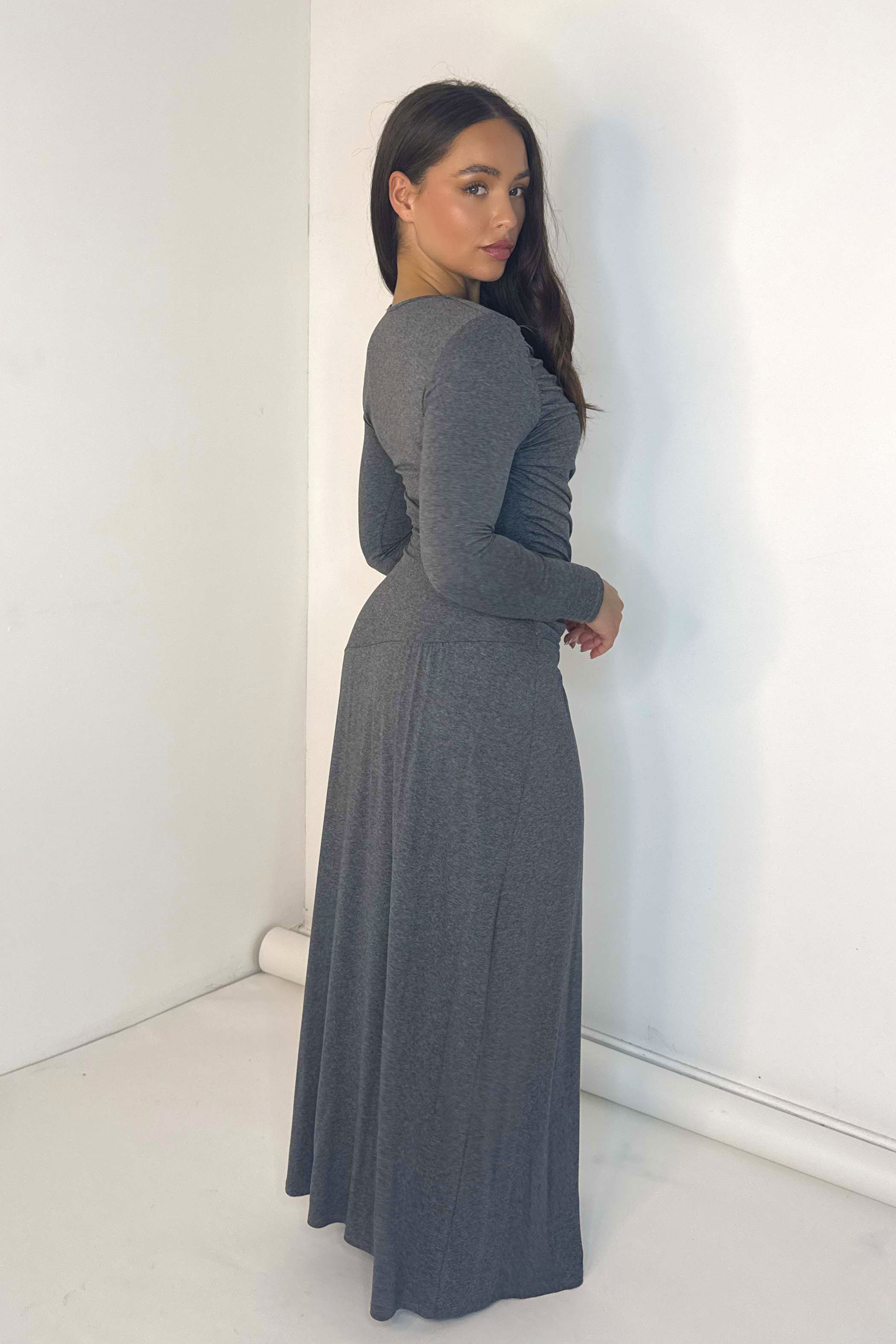 Ruched Front Long Sleeve Viscose Maxi Dress