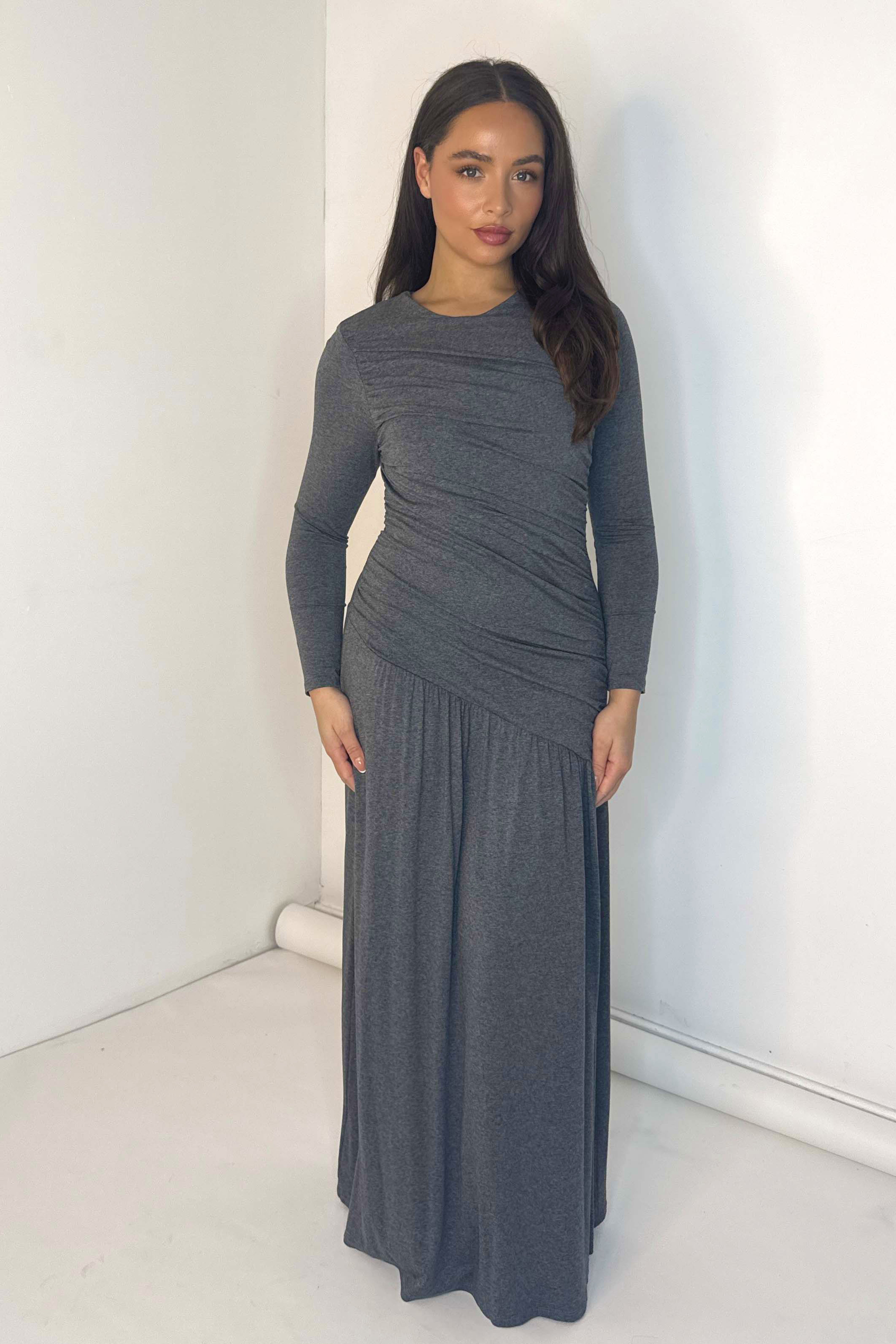 Ruched Front Long Sleeve Viscose Maxi Dress