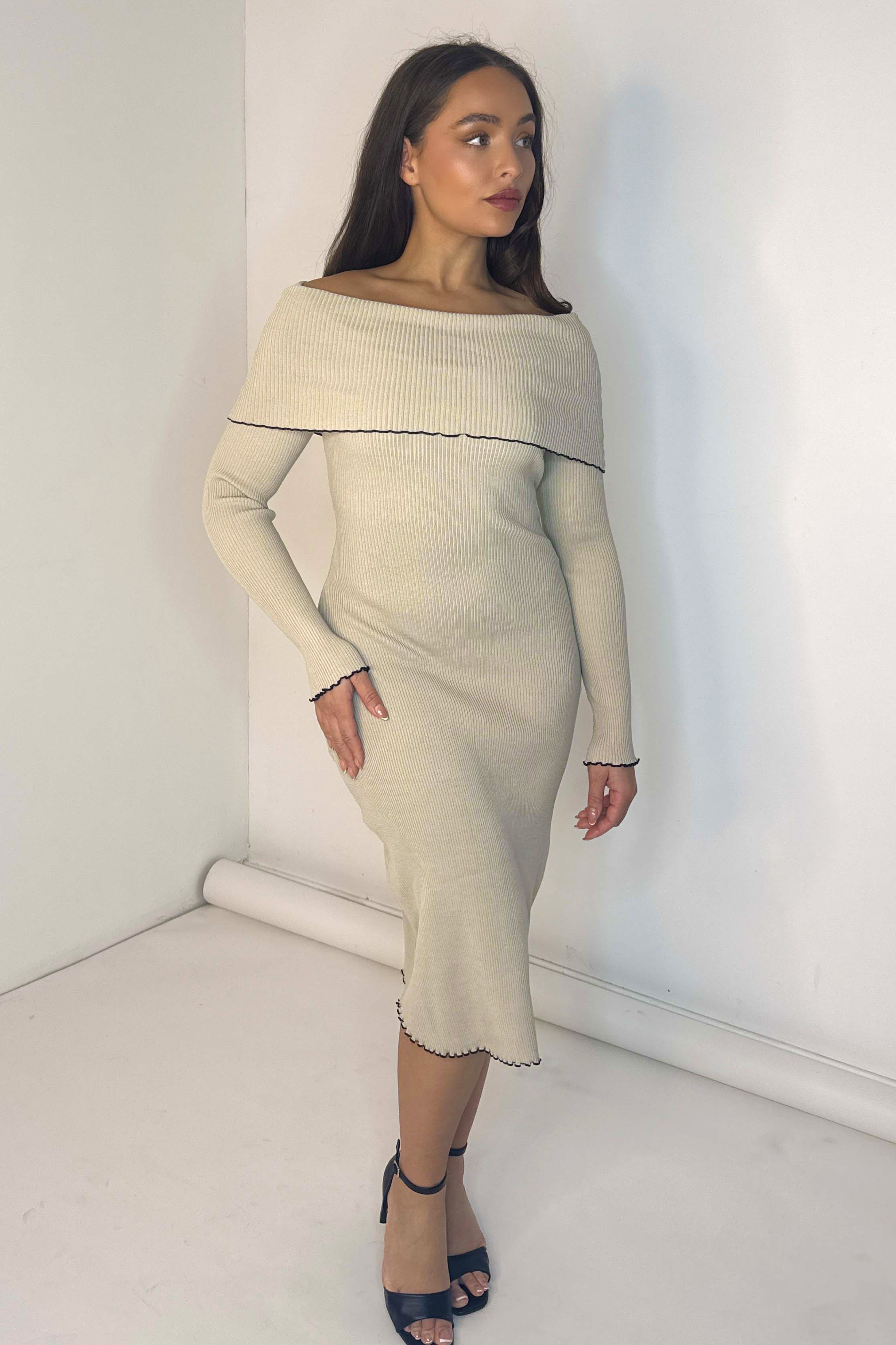 Contrast Stitch Ribbed Viscose Blend Knitted Turtle Neck Long Dress