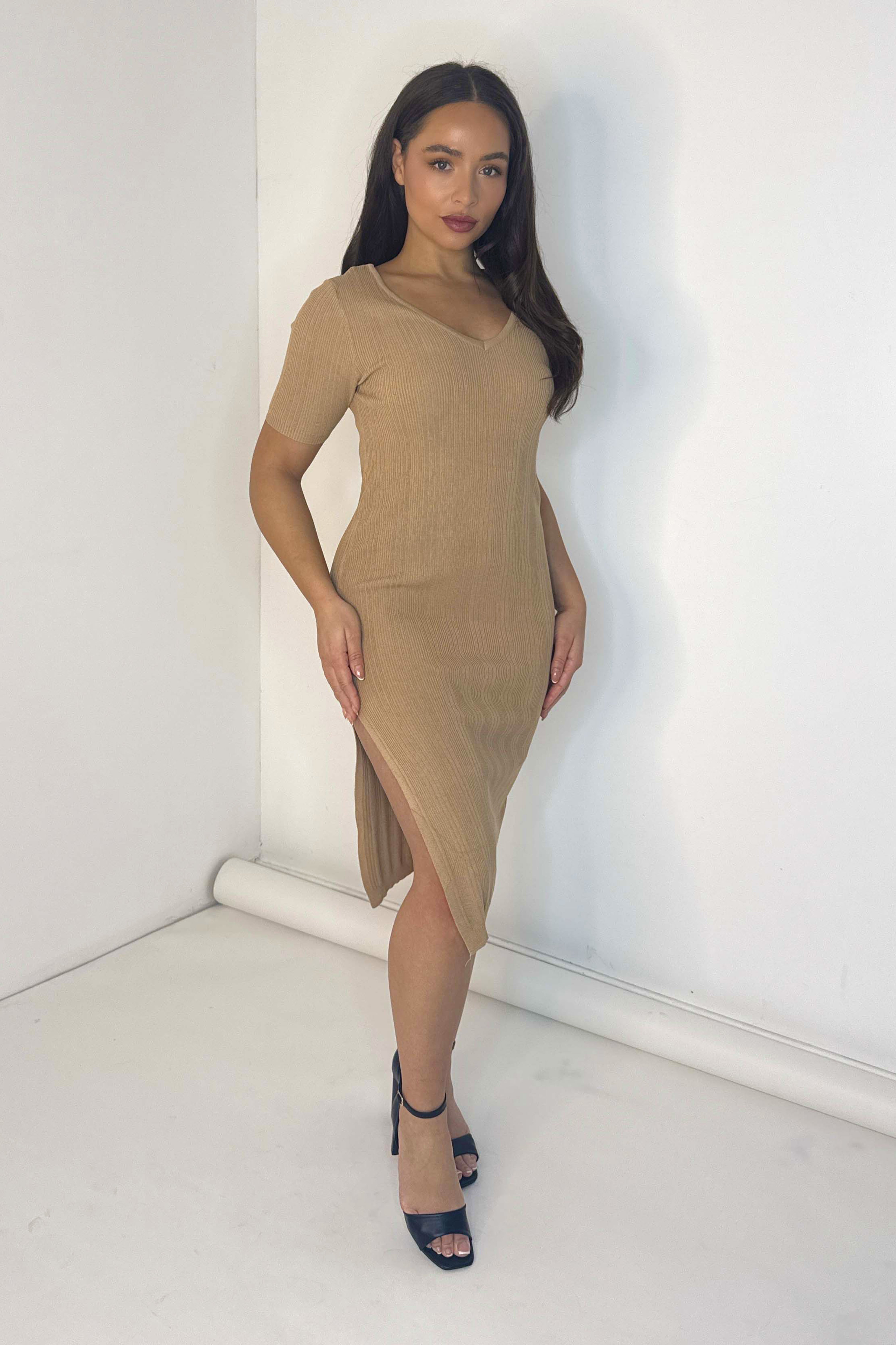 V-Cut Ribbed Viscose Blend Straight Cut Midi Dress