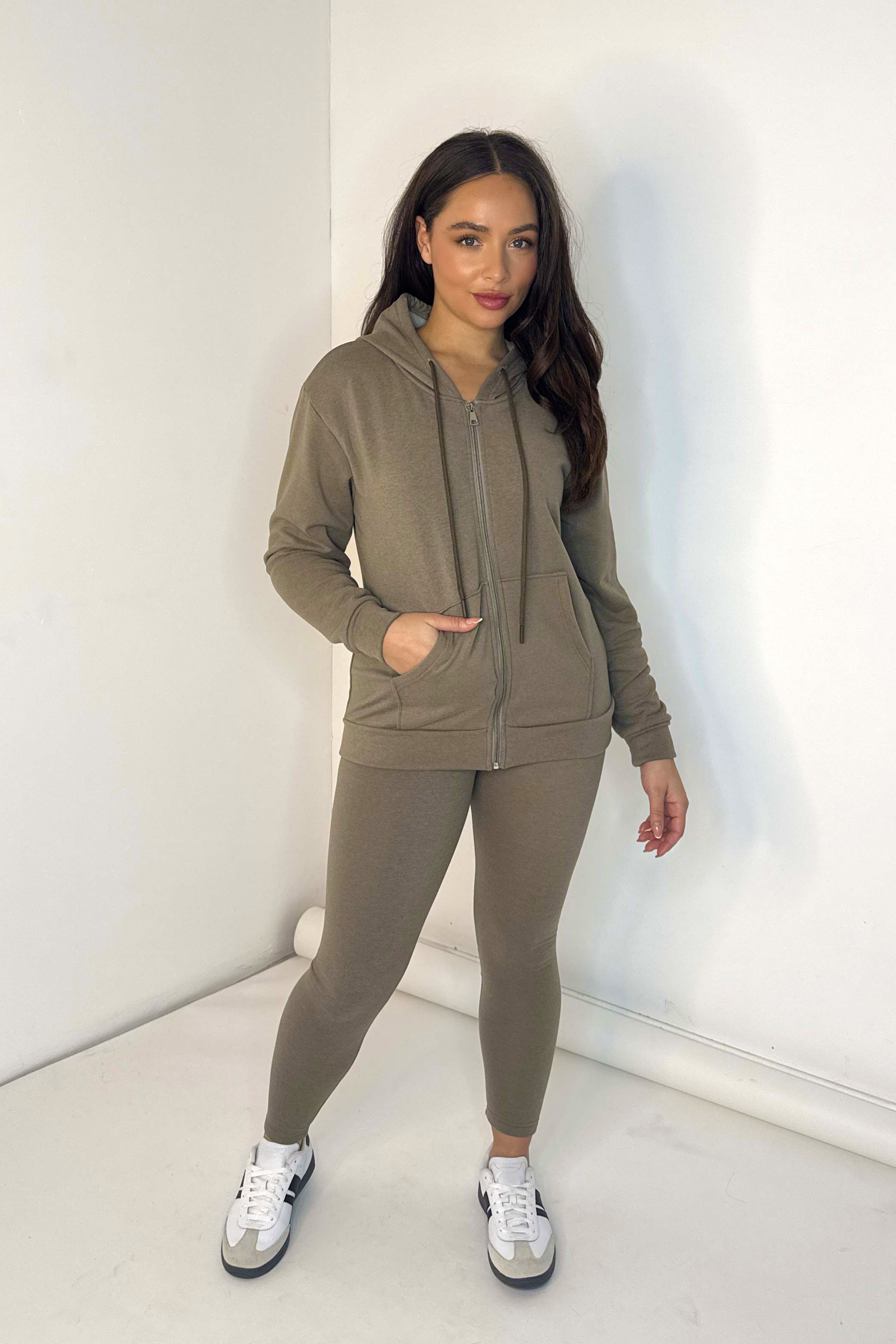 Soft Thermal Lining Pull Zıp Hoodie And Leggings Loungewear Set