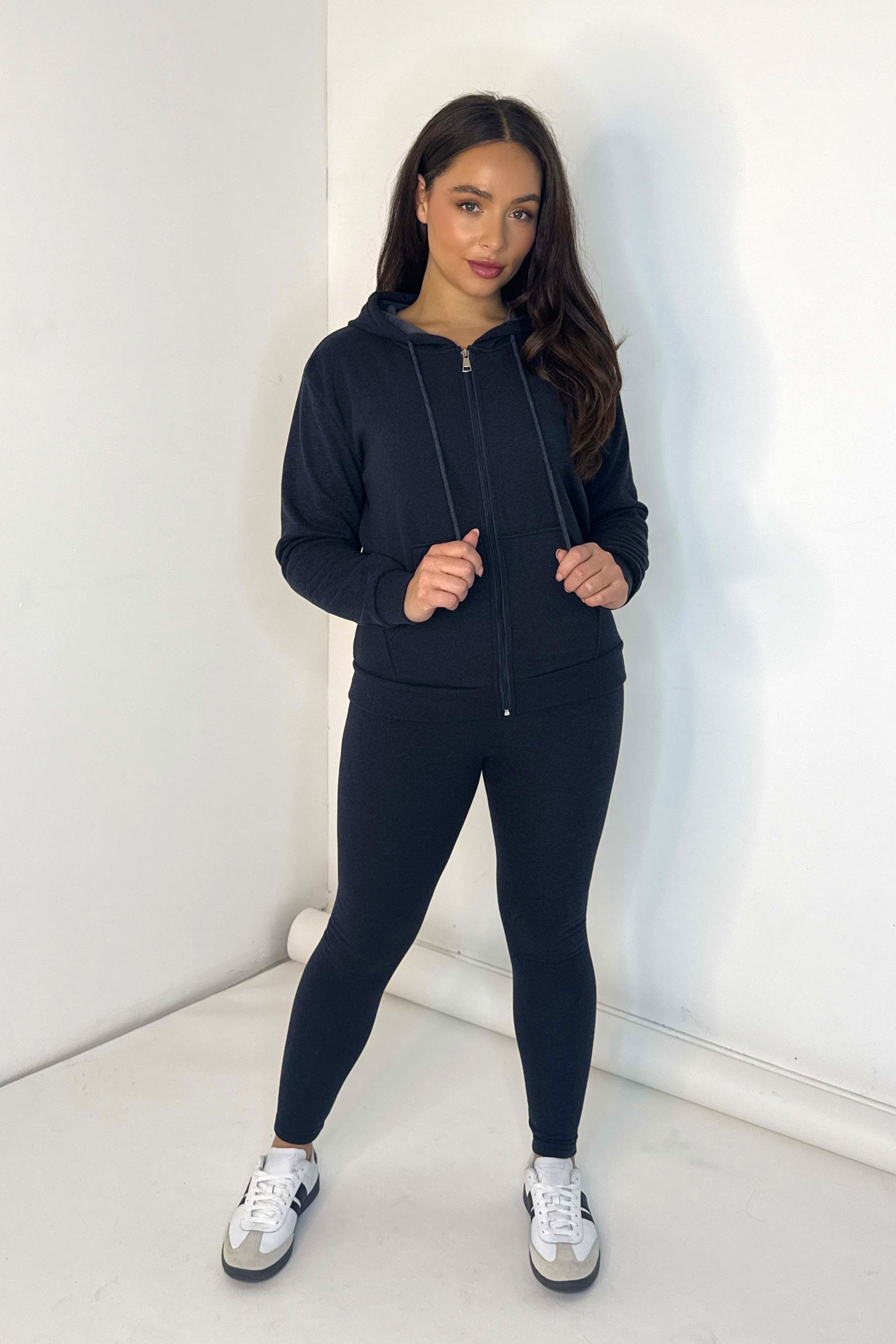 Soft Thermal Lining Pull Zıp Hoodie And Leggings Loungewear Set