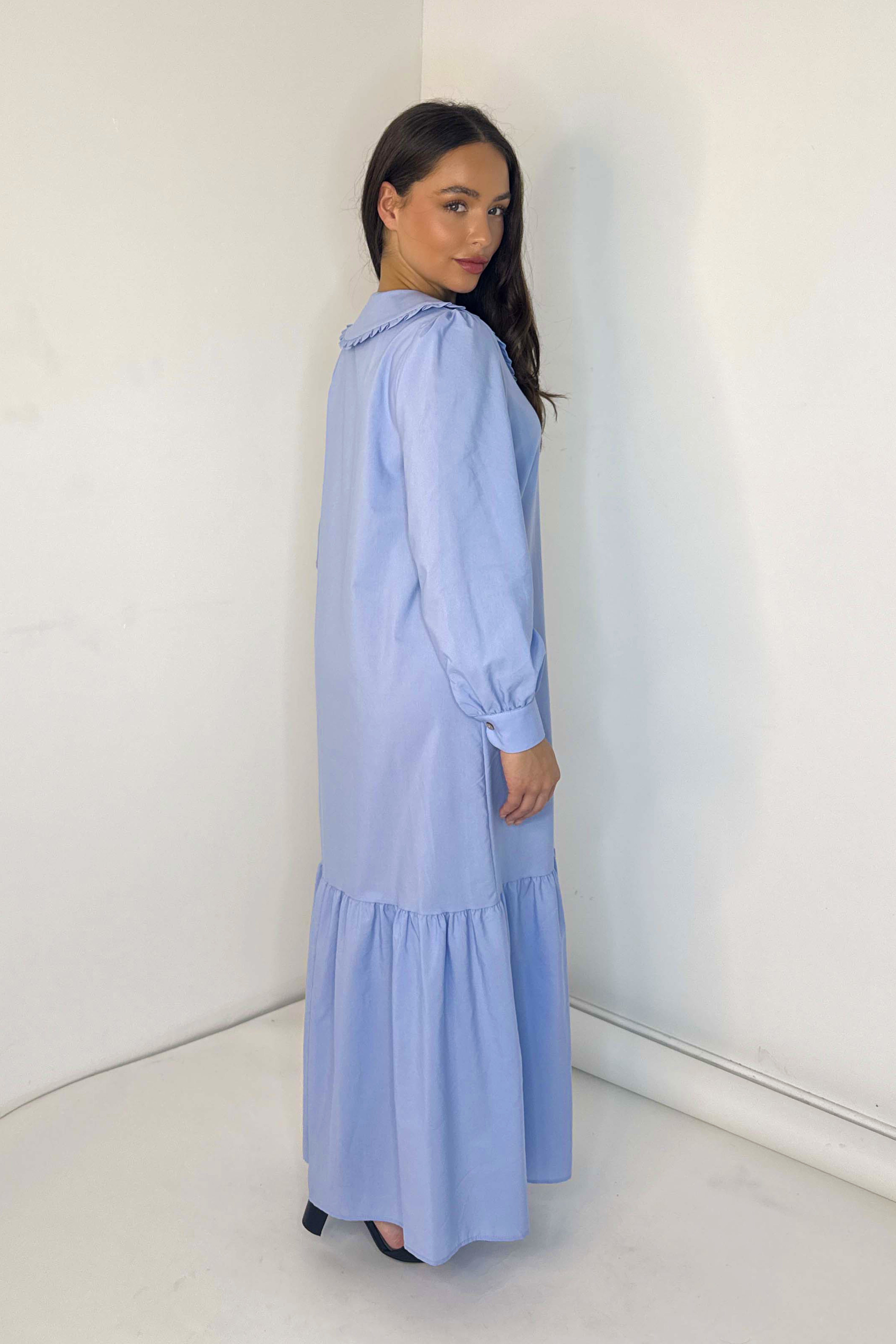 Button Down Handkerchief Collar Blue Maxi Dress