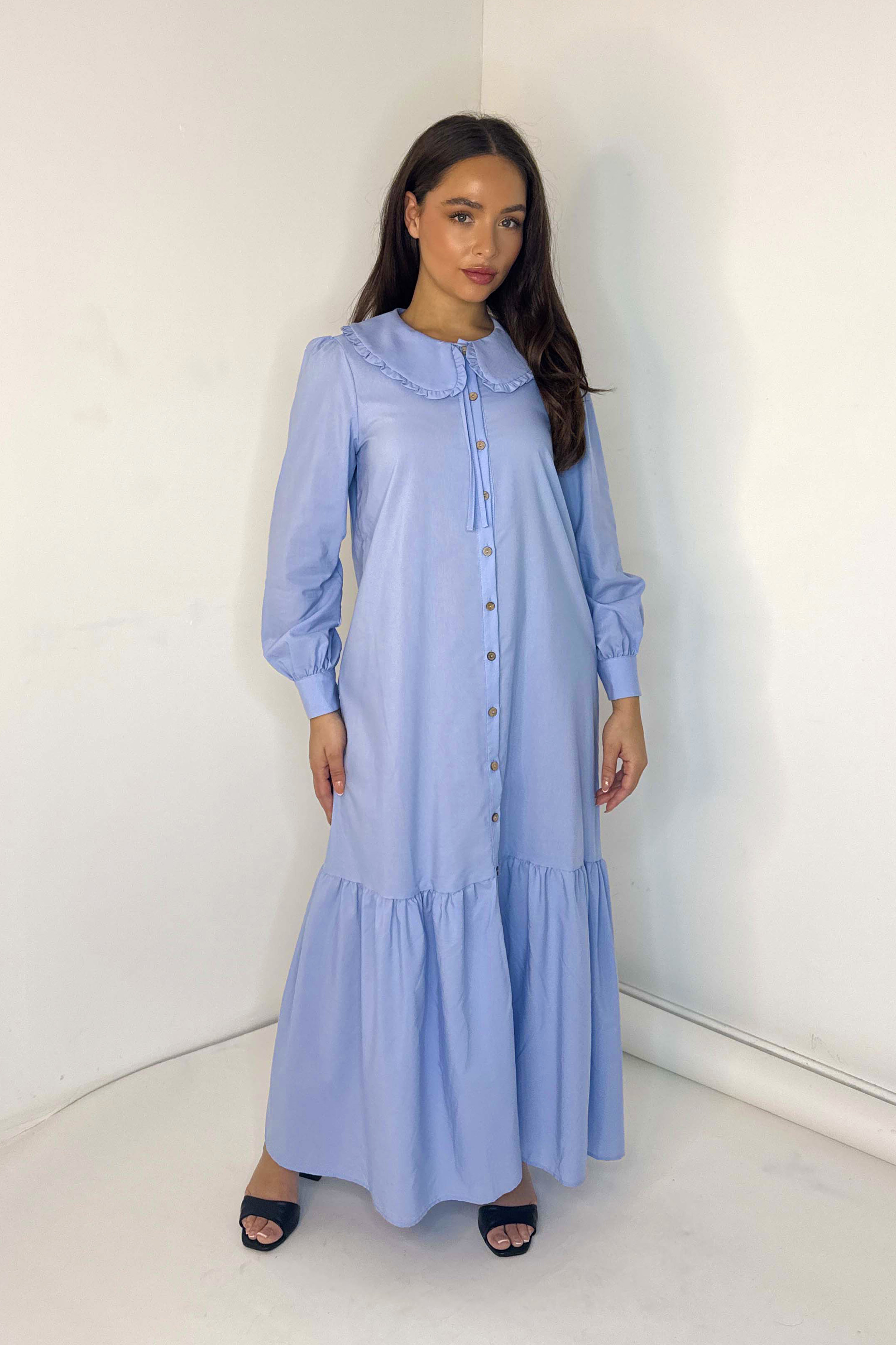 Button Down Handkerchief Collar Blue Maxi Dress