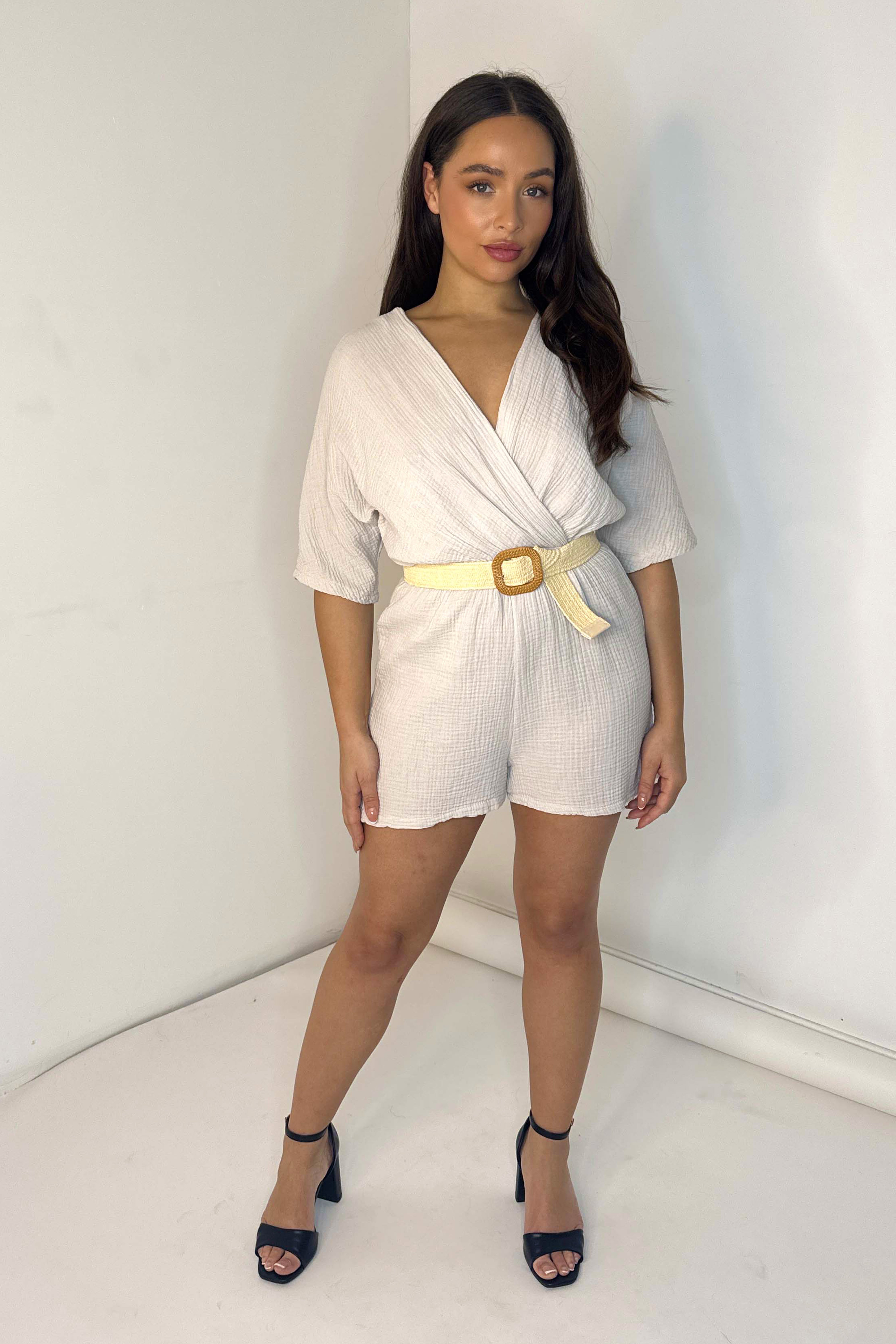 Textured Cotton Low Cut Belted Playsuit