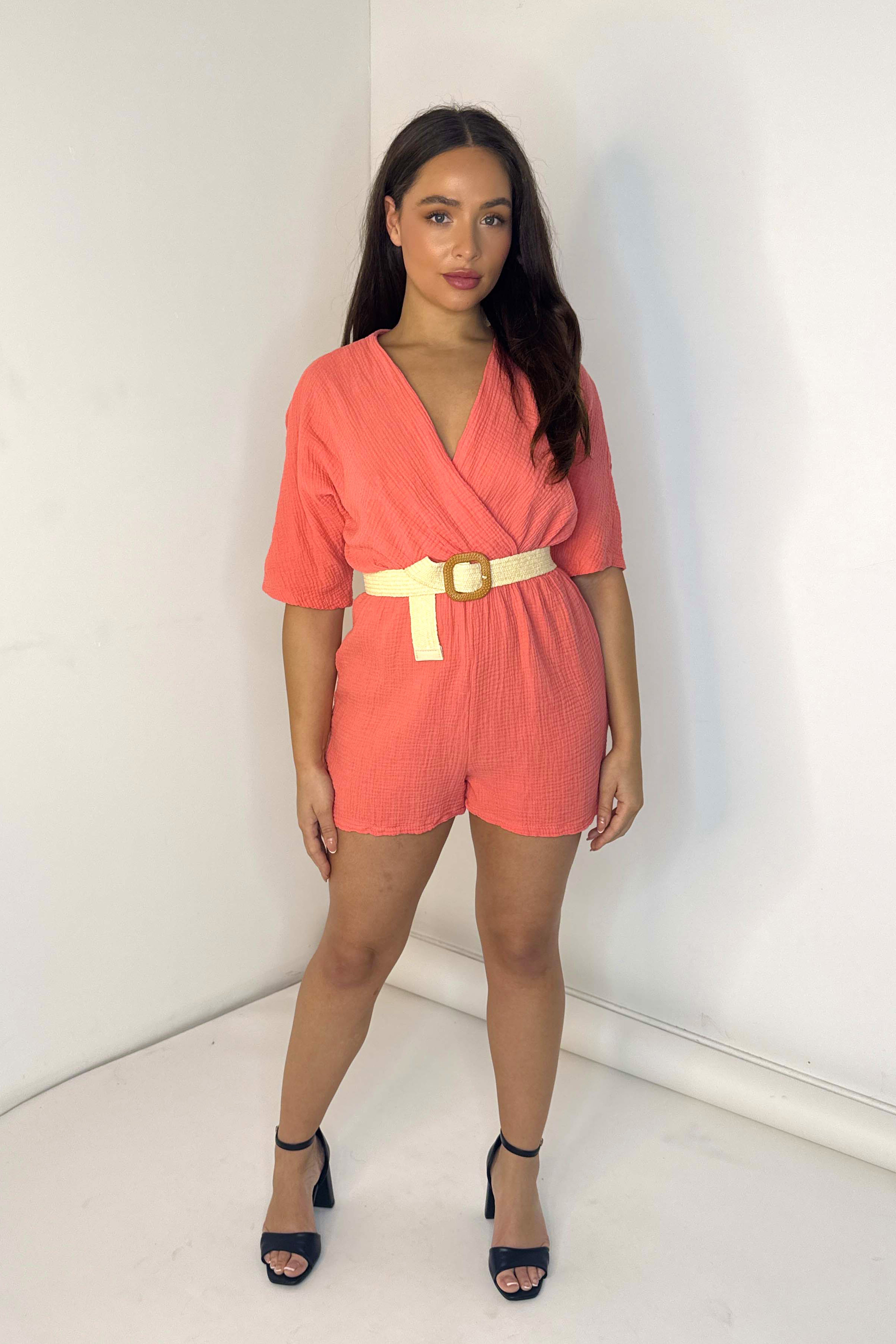 Textured Cotton Low Cut Belted Playsuit