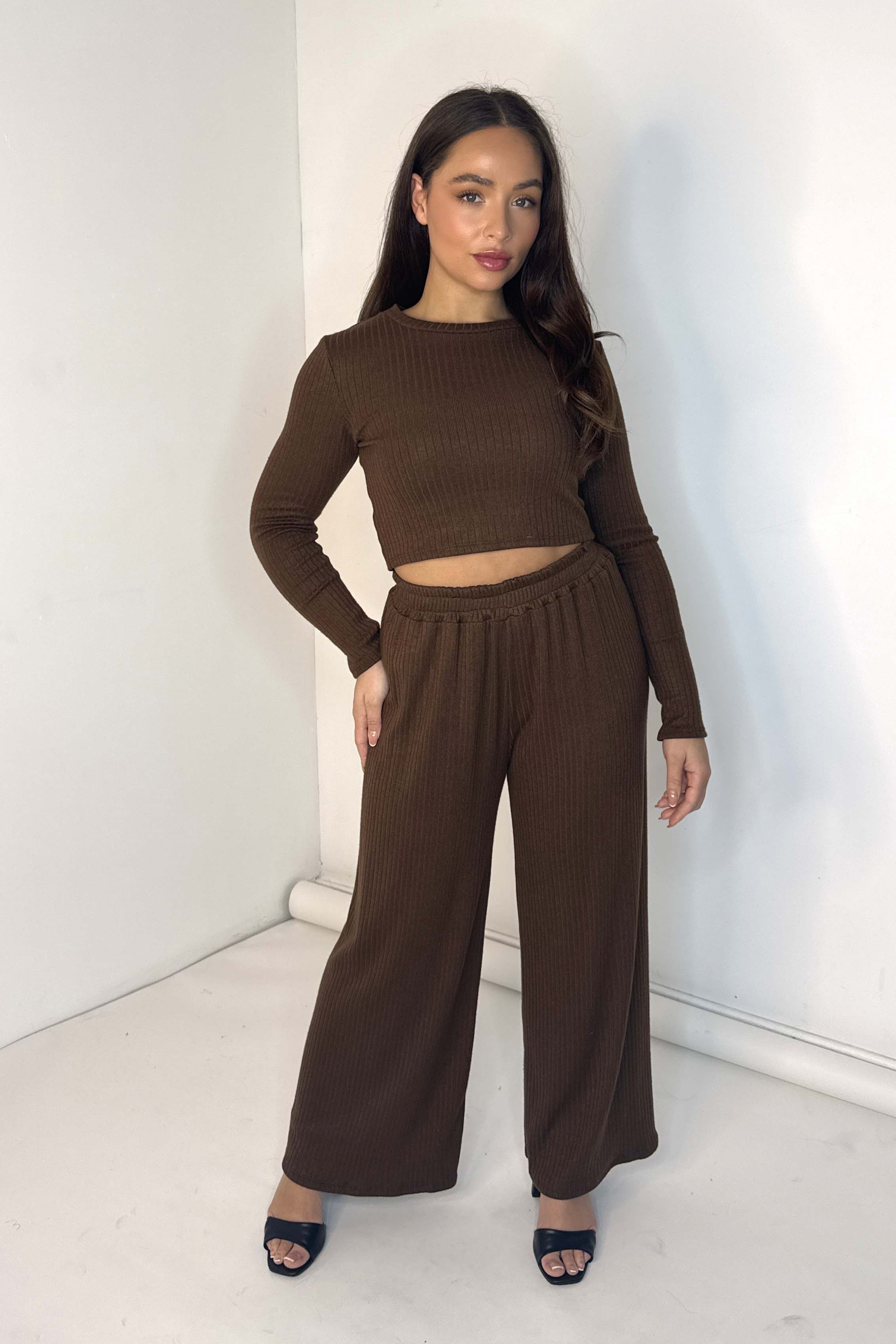 Long Sleeve Top And Wide Leg Ribbed Viscose Blend Knitted Loungewear Set