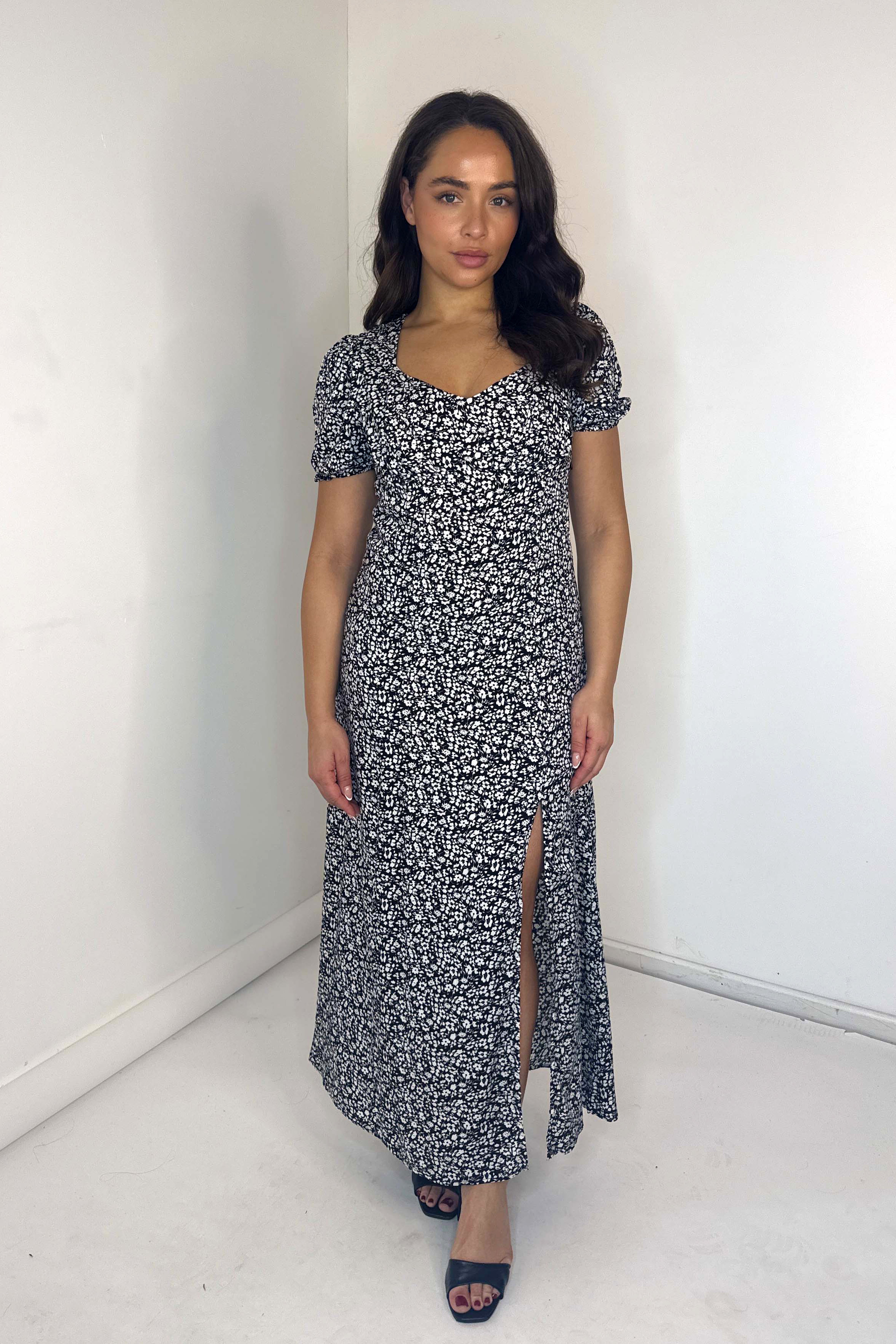 Daisy Print Side Slit Long Viscose Summer Dress