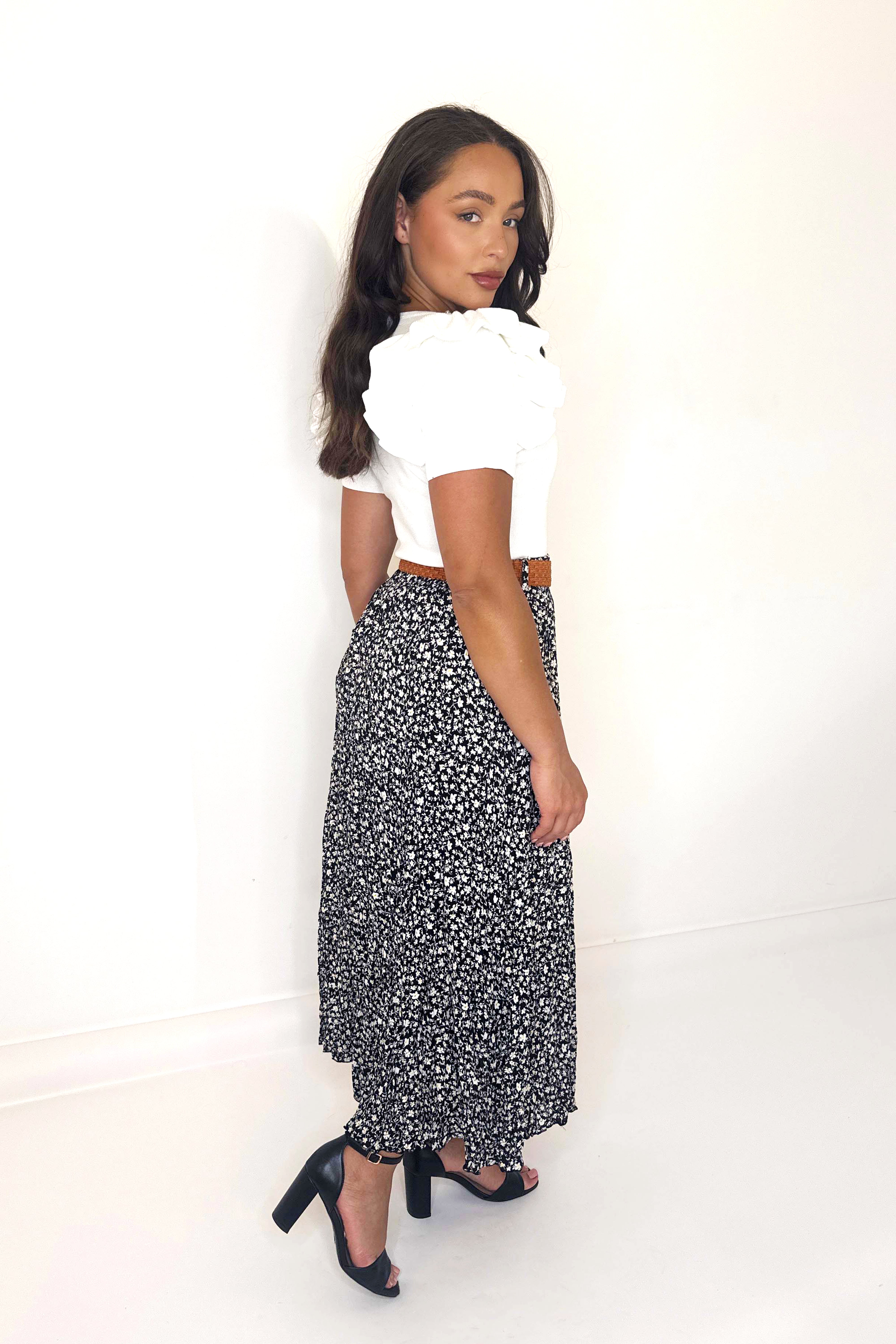 Belted Daisy Print Flare Long Viscose Skirt