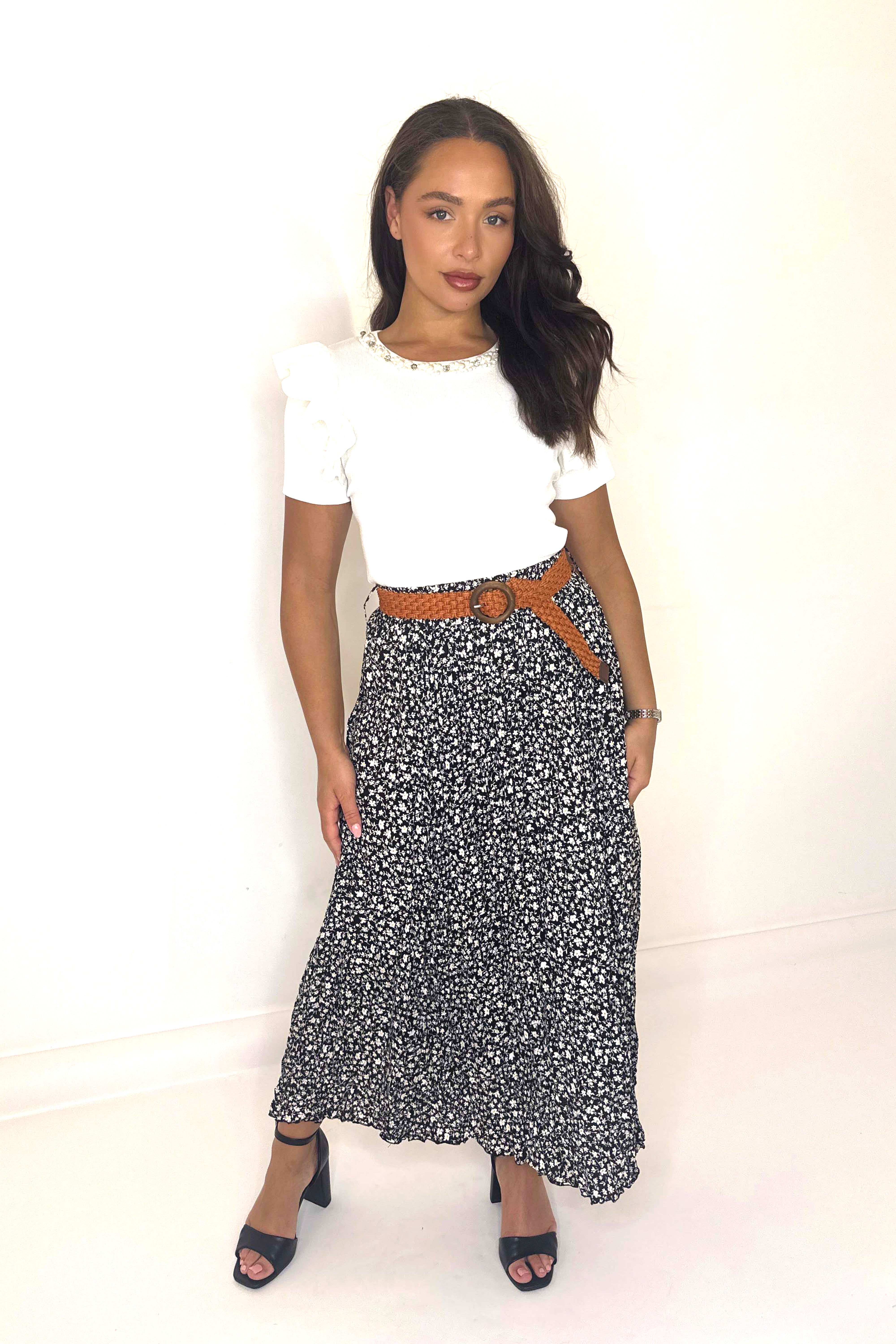 Belted Daisy Print Flare Long Viscose Skirt