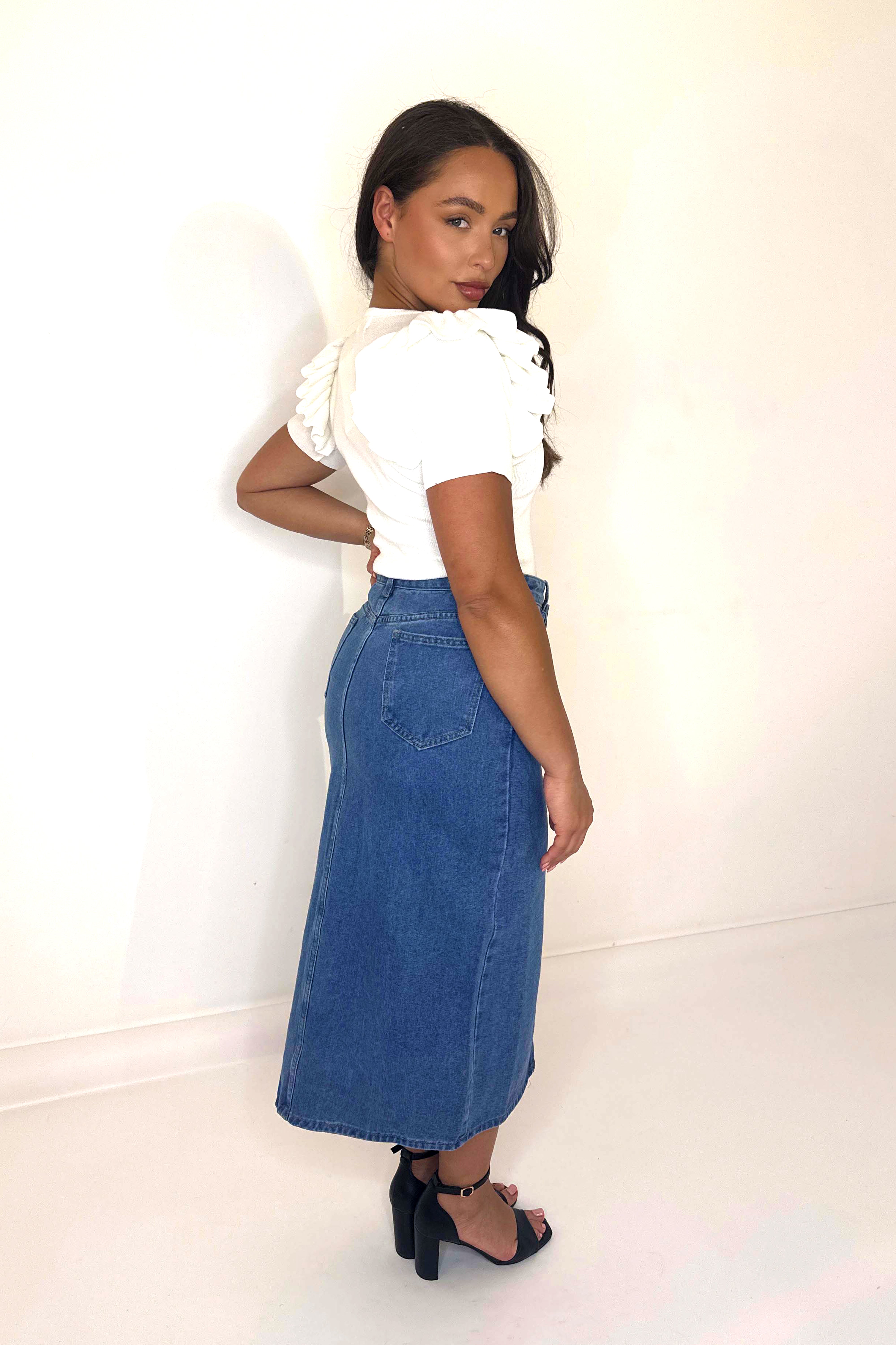 Asymmetric Hem Front Slit Midi Denim Skirt