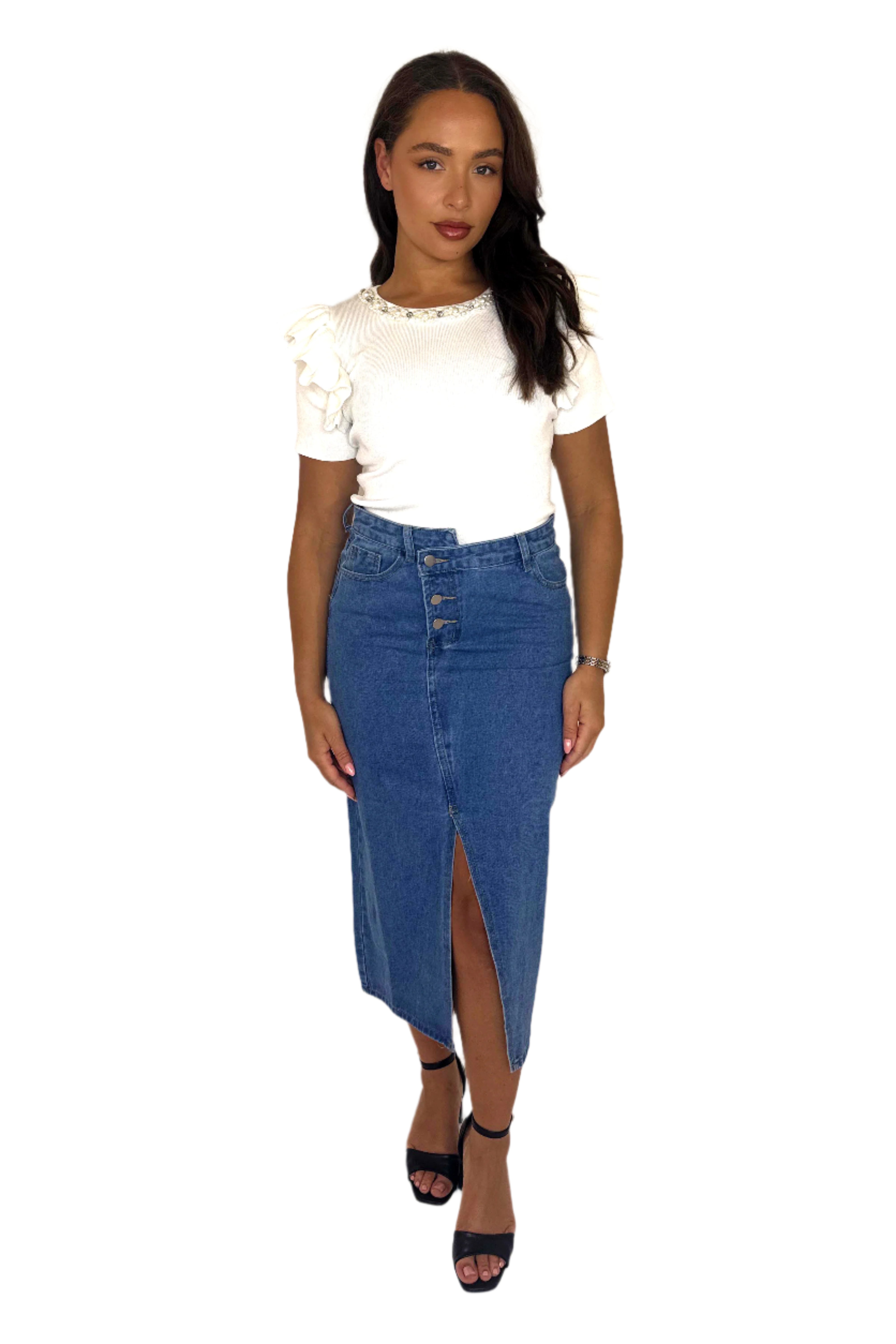 Asymmetric Hem Front Slit Midi Denim Skirt