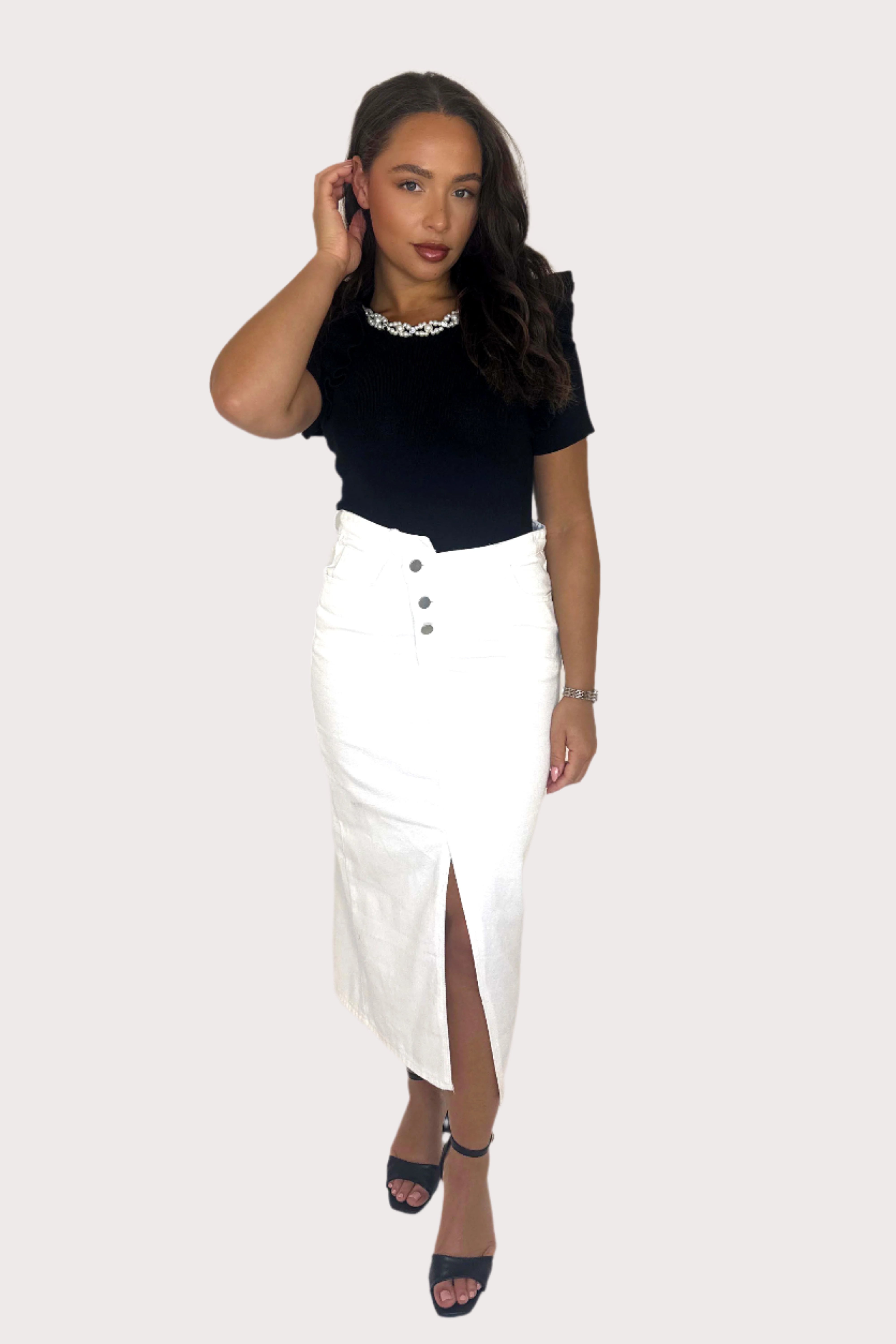 Asymmetric Hem Front Slit Midi Denim Skirt