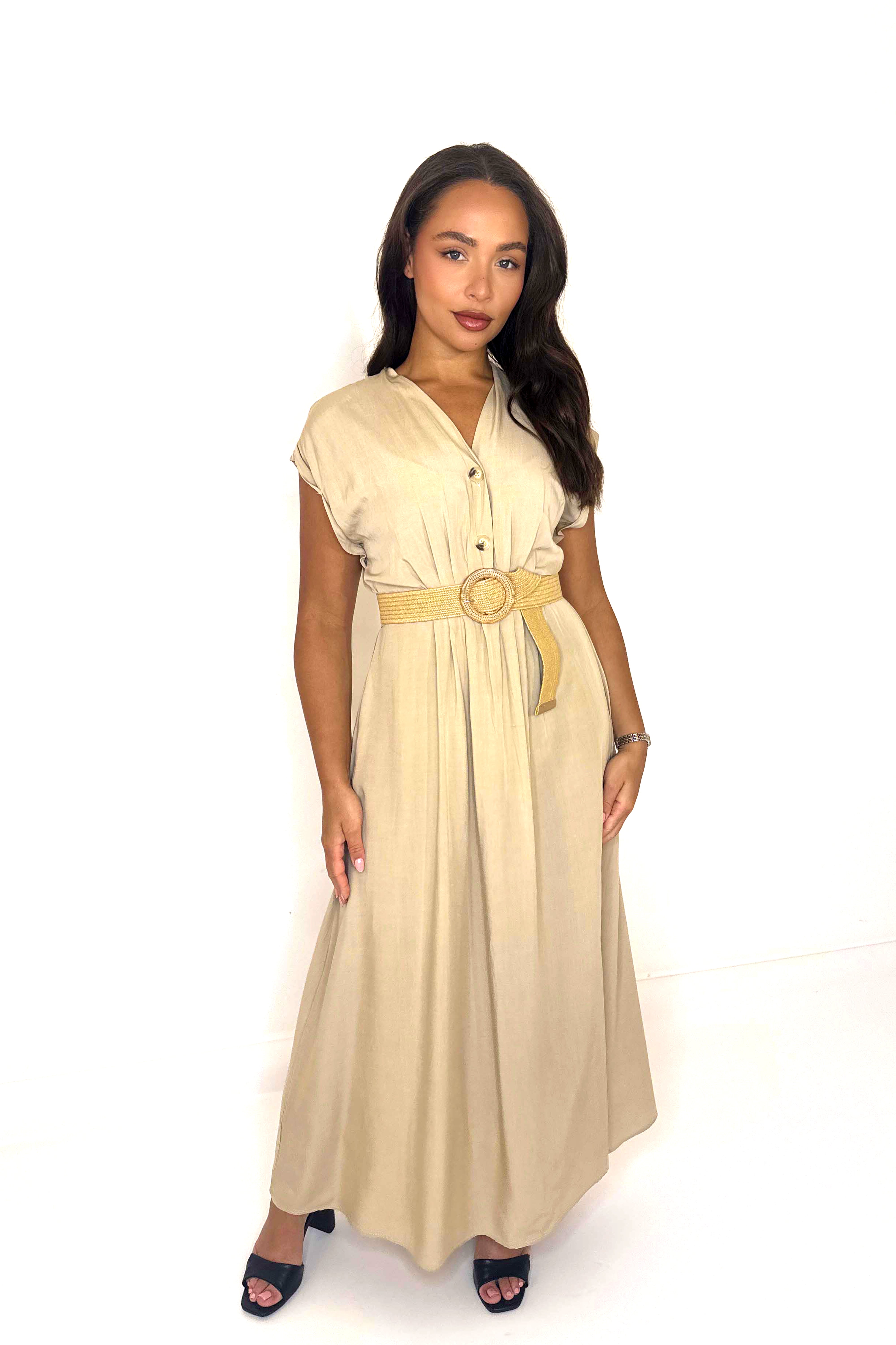 Belted Button Detail Elegant Flowy Long Summer Dress