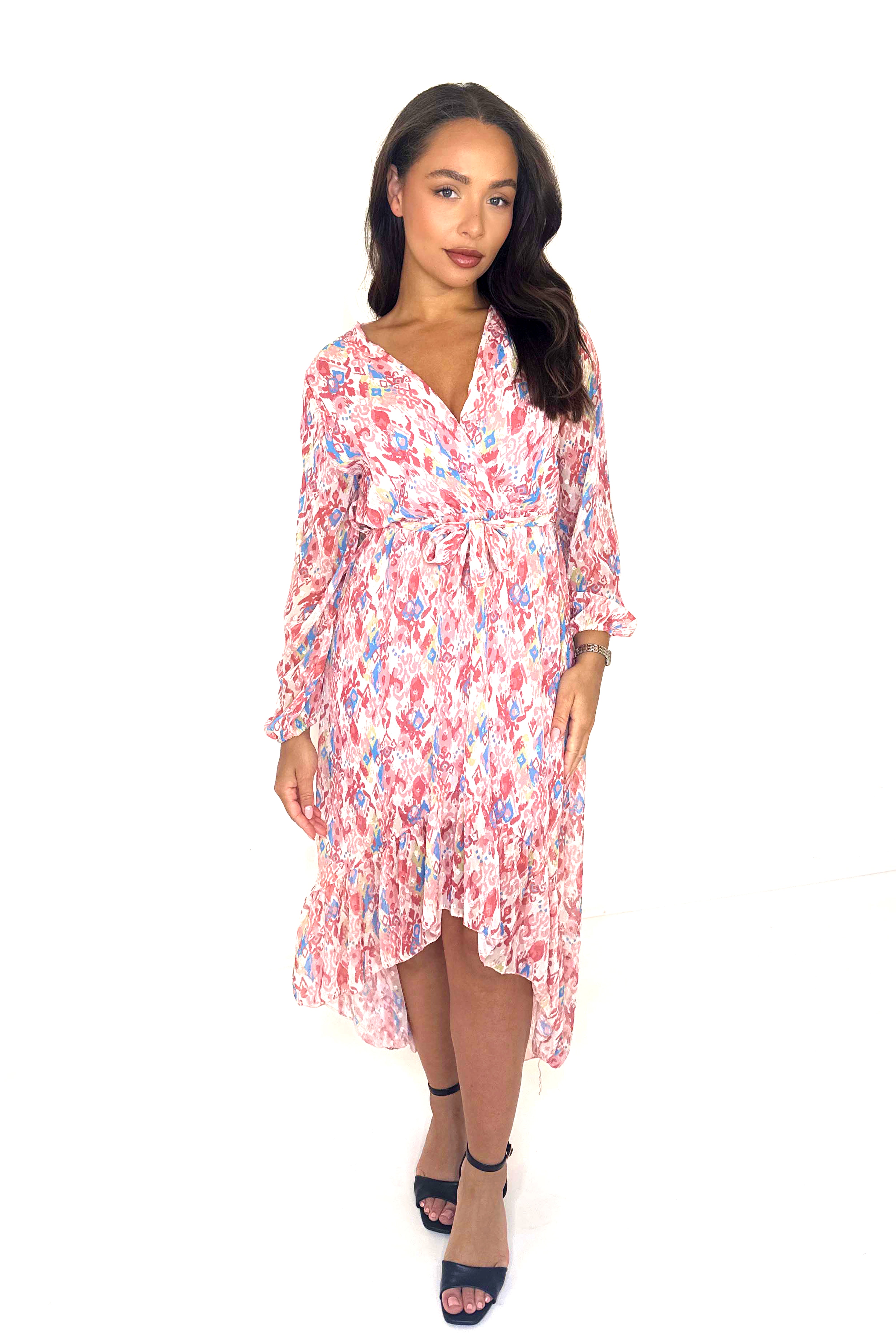 Low Cut Tie Waist Printed Chiffon Hi-Low Dress