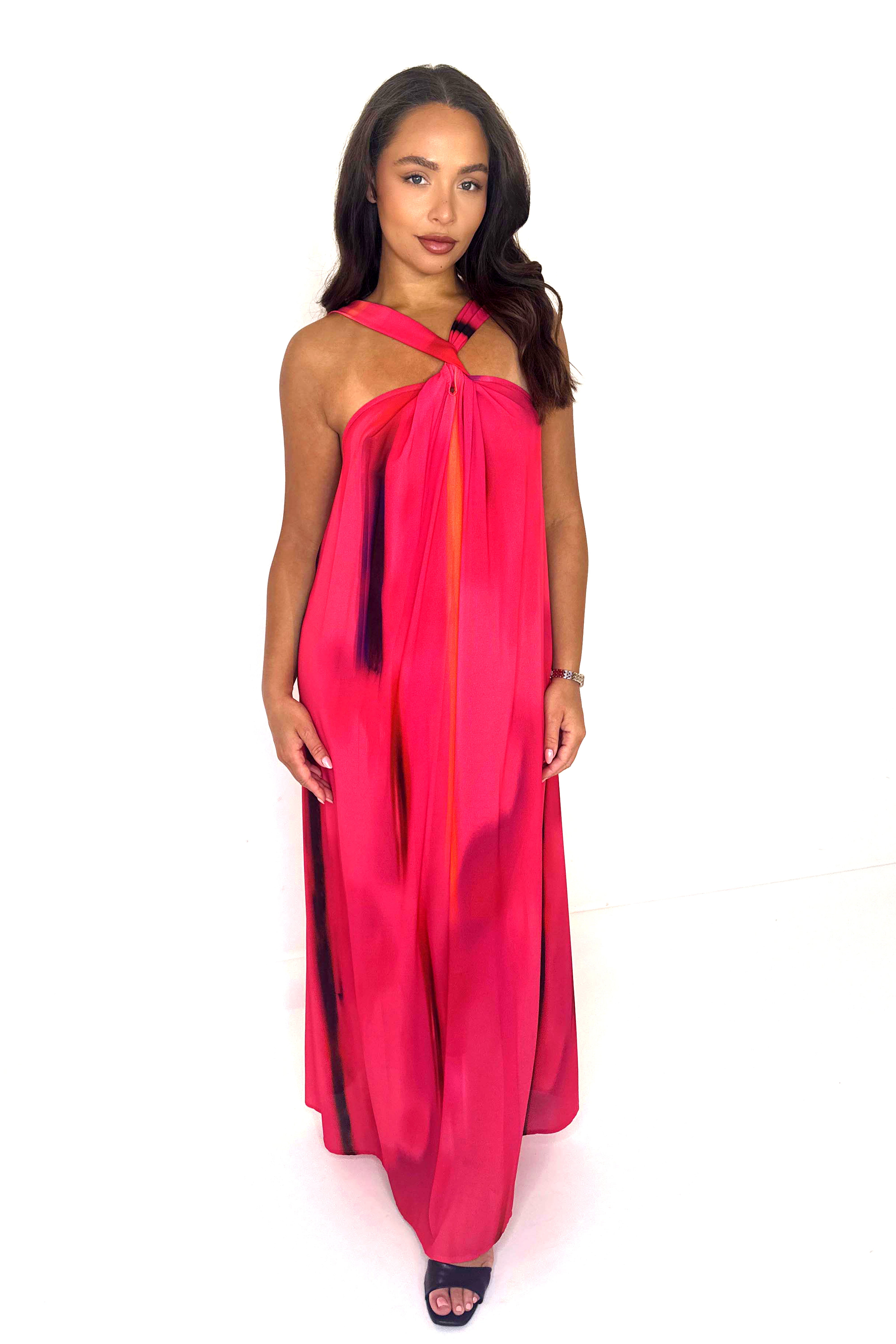 Twisted Halter Neck Tie Dye Chiffon Maxi Dress