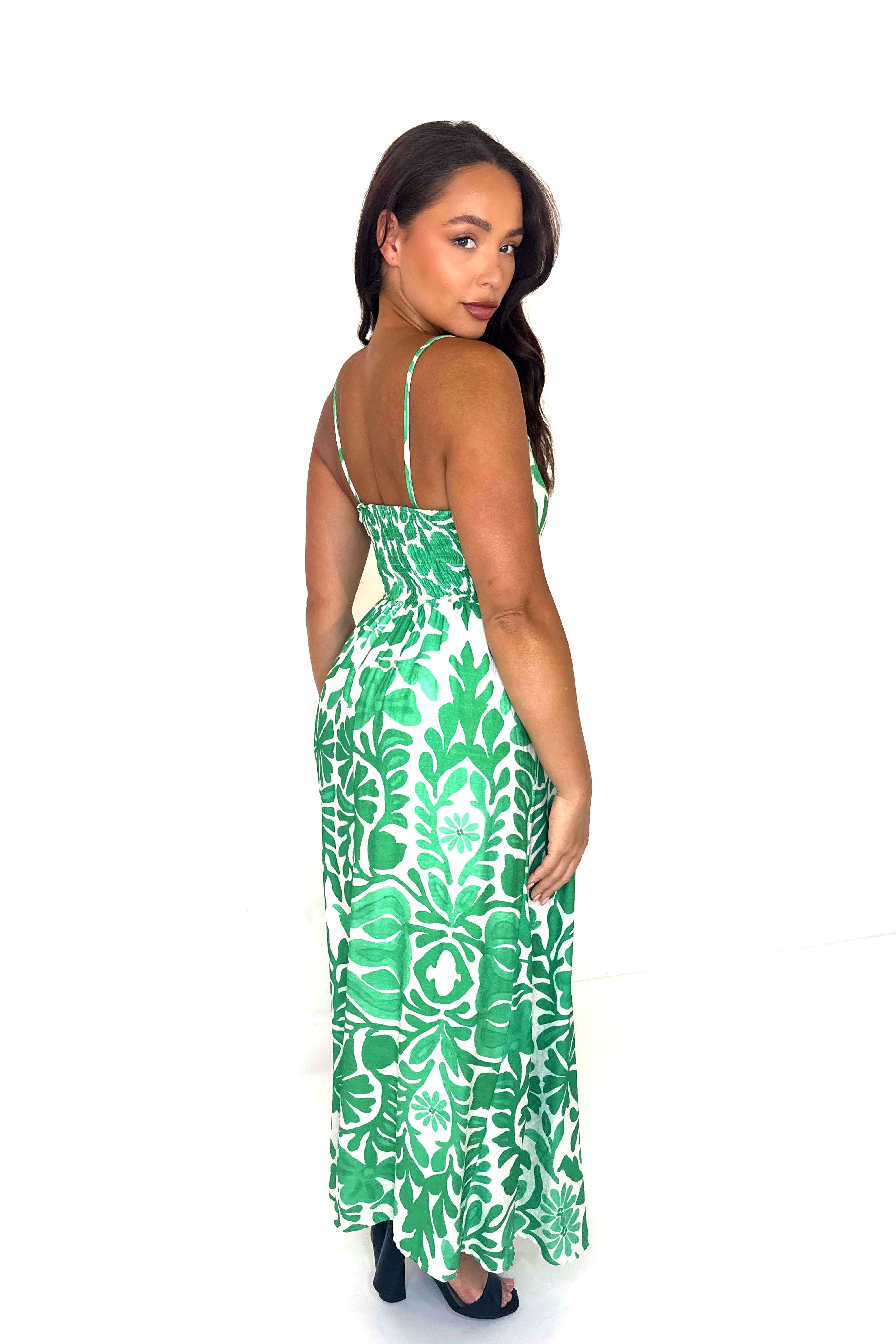 Strappy Empire Waist Viscose Blend Printed Long Dress