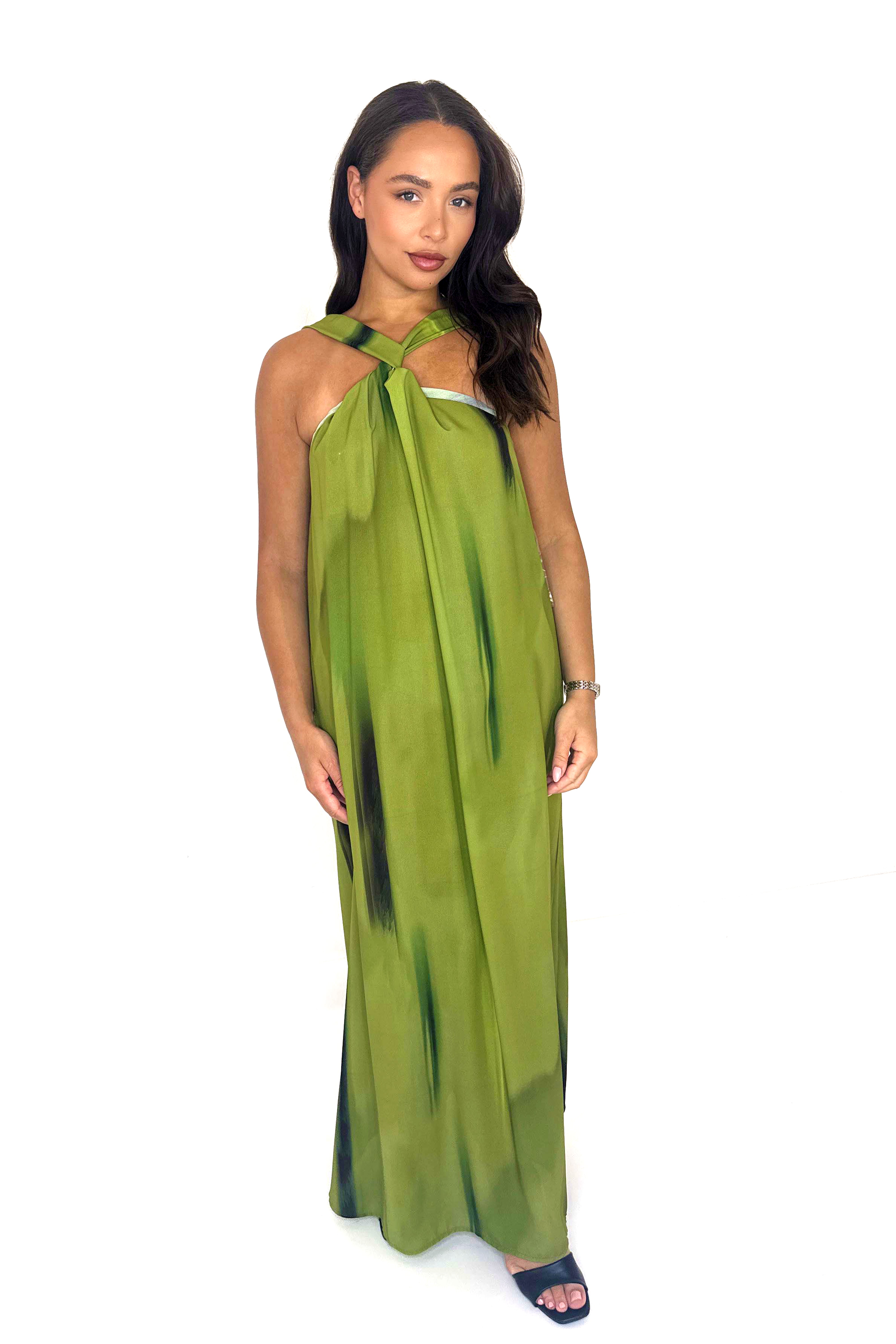 Twisted Halter Neck Tie Dye Chiffon Maxi Dress