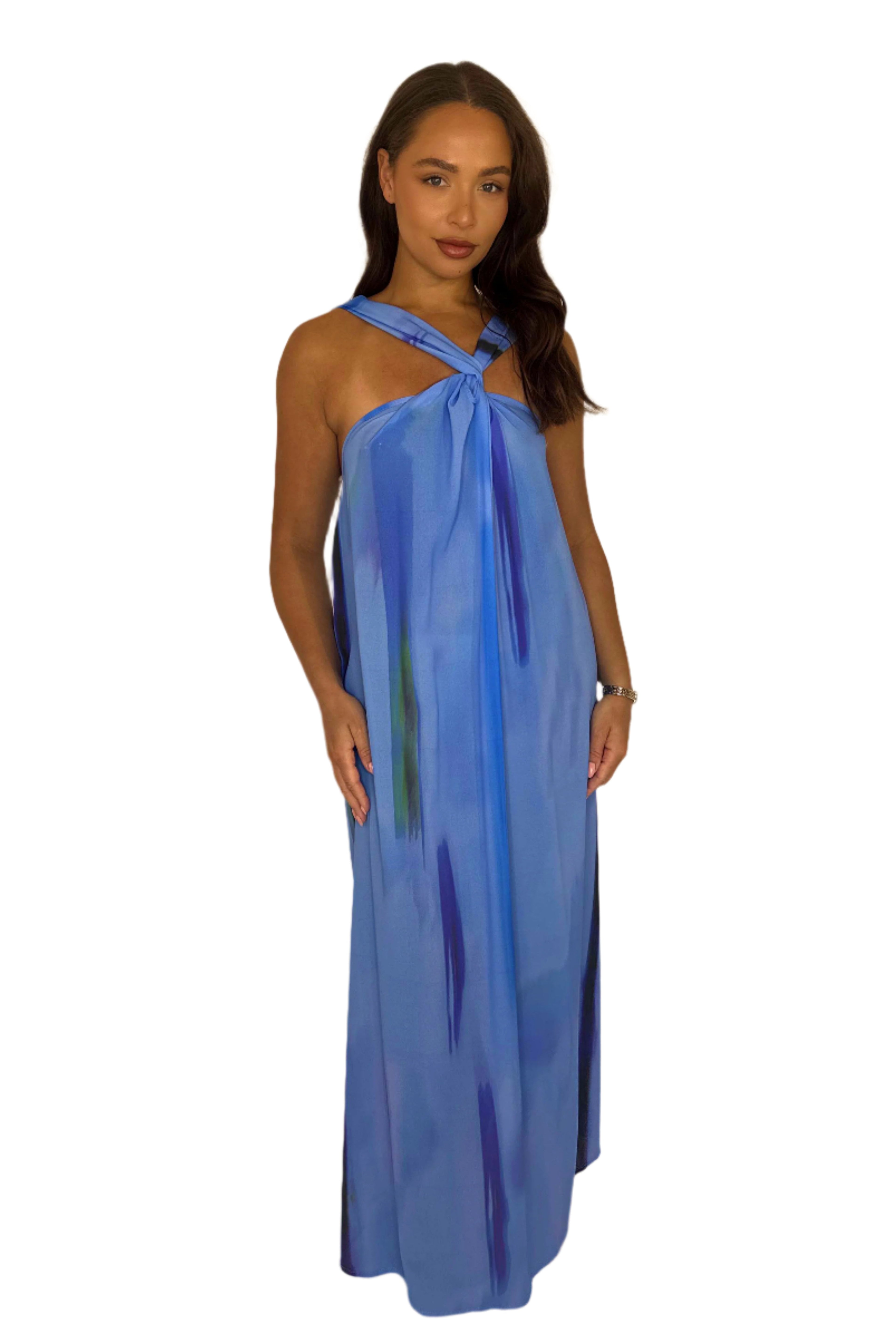 Twisted Halter Neck Tie Dye Chiffon Maxi Dress