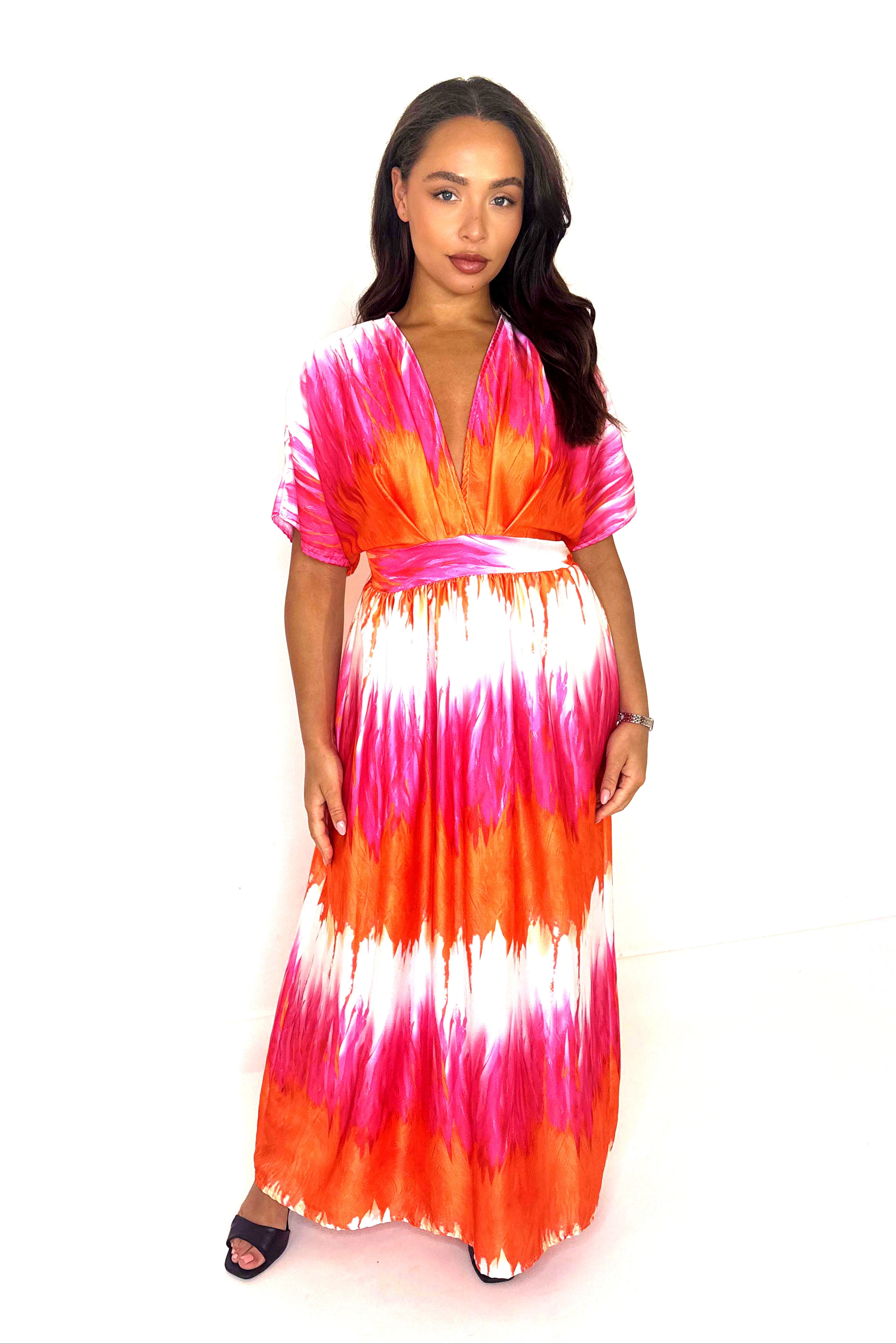 Plunge Neck Tie Dye Roman Style Maxi Dress