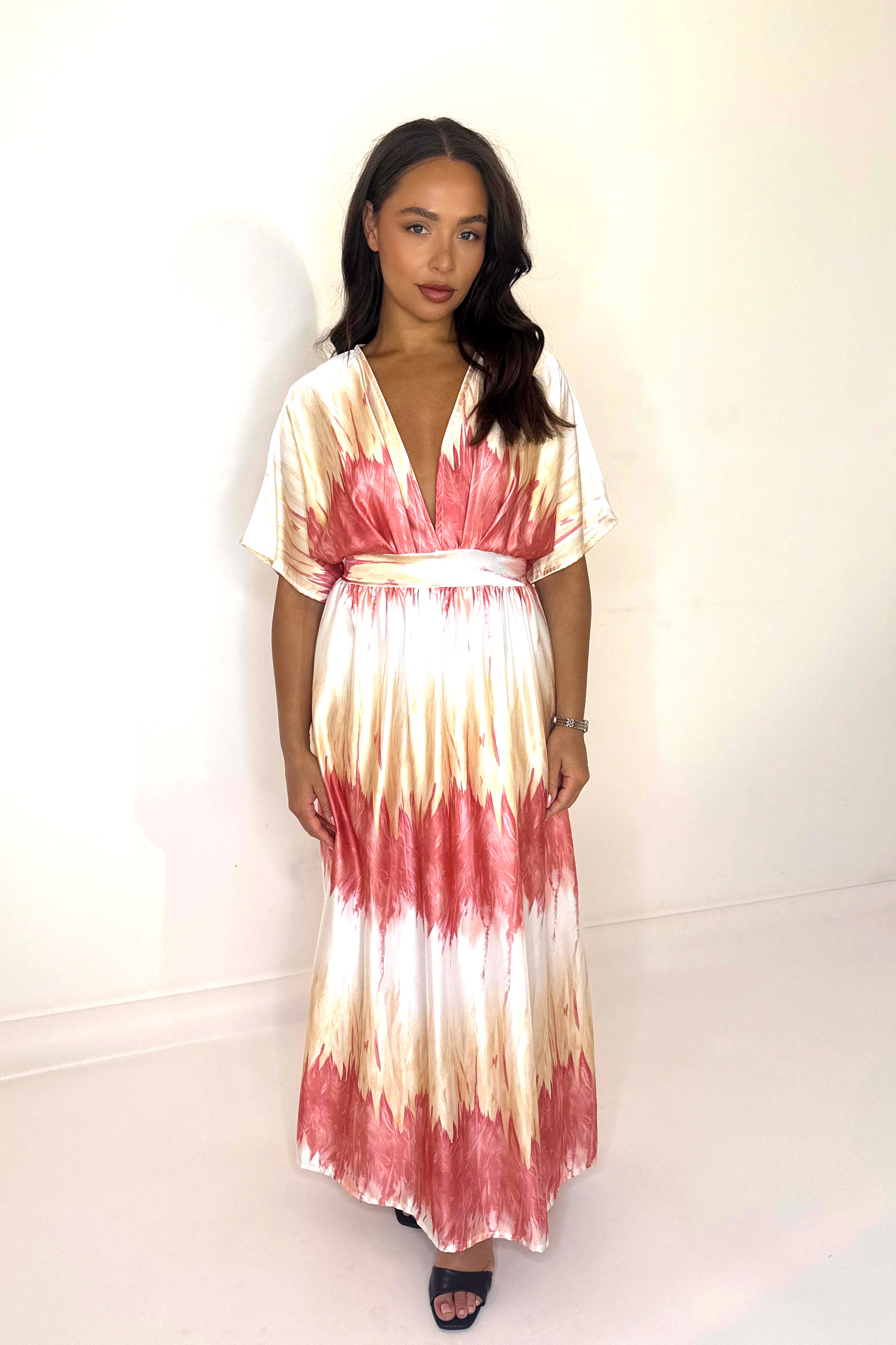 Plunge Neck Tie Dye Roman Style Maxi Dress